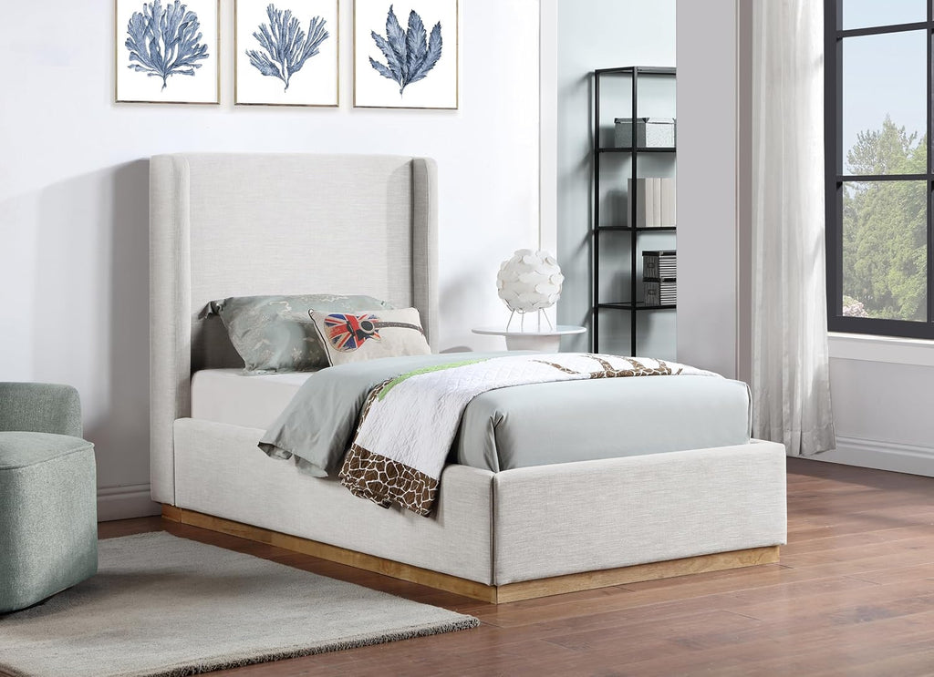 Meridian Furniture FlynnCream-T Flynn Collection Modern | Contemporary Twin Bed with Cream Linen Textured Fabric, Natural Finish Solid Wood Base, Wing Back, 43.5' W x 82.5' D x 52' H, Cream, Twin