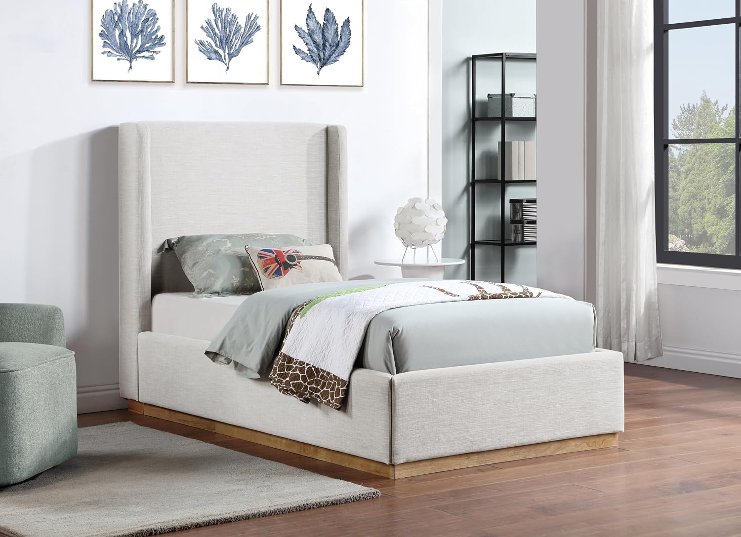 Meridian Furniture FlynnCream-T Flynn Collection Modern | Contemporary Twin Bed with Cream Linen Textured Fabric, Natural Finish Solid Wood Base, Wing Back, 43.5' W x 82.5' D x 52' H, Cream, Twin