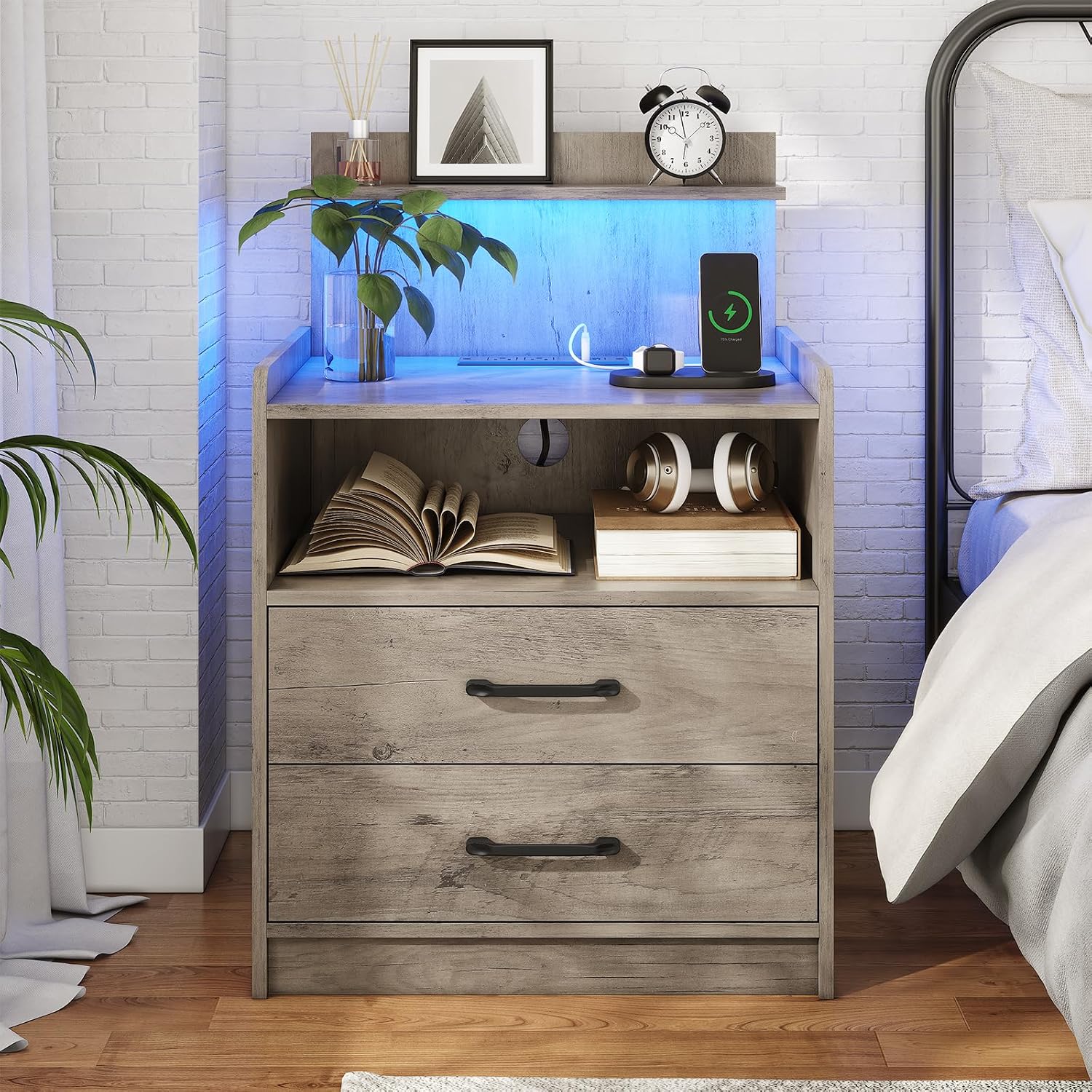 Nightstand Set of 2 with Charging Station and LED Lights, Bedside Table with 2 Drawers and Open Storage Shelf, 2 USB Ports and 2 AC Outlets, LED Night Stands for Bedroom Set of 2, Grey