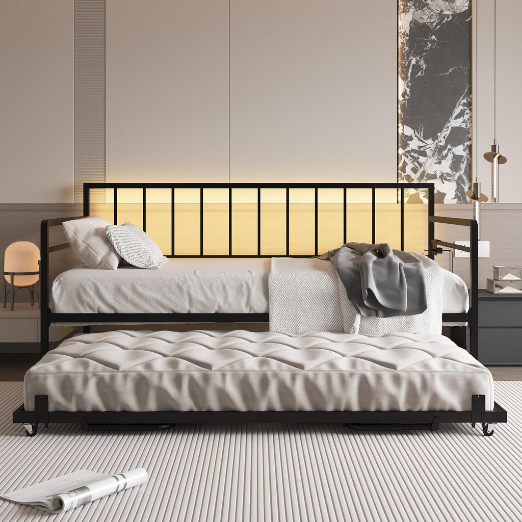 Twin Daybed with Trundle, Day Bed with Charging Station & LED Lights, Metal Sofa Bed Frame with Pop Up Trundle for Living Room, Bedroom, Guest Room, Apartment and Small Spaces (Black, Twin)