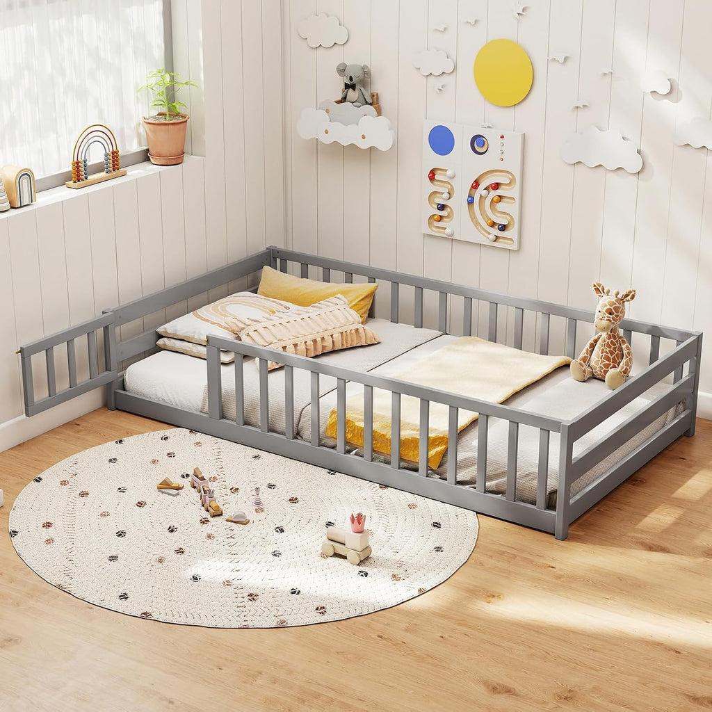 BECOMFORT Twin Floor Bed for Kids, Kids Twin Floor Bed Frame with Door, Latch & Safety Guardrails, Montessori Bed for Boys Girls