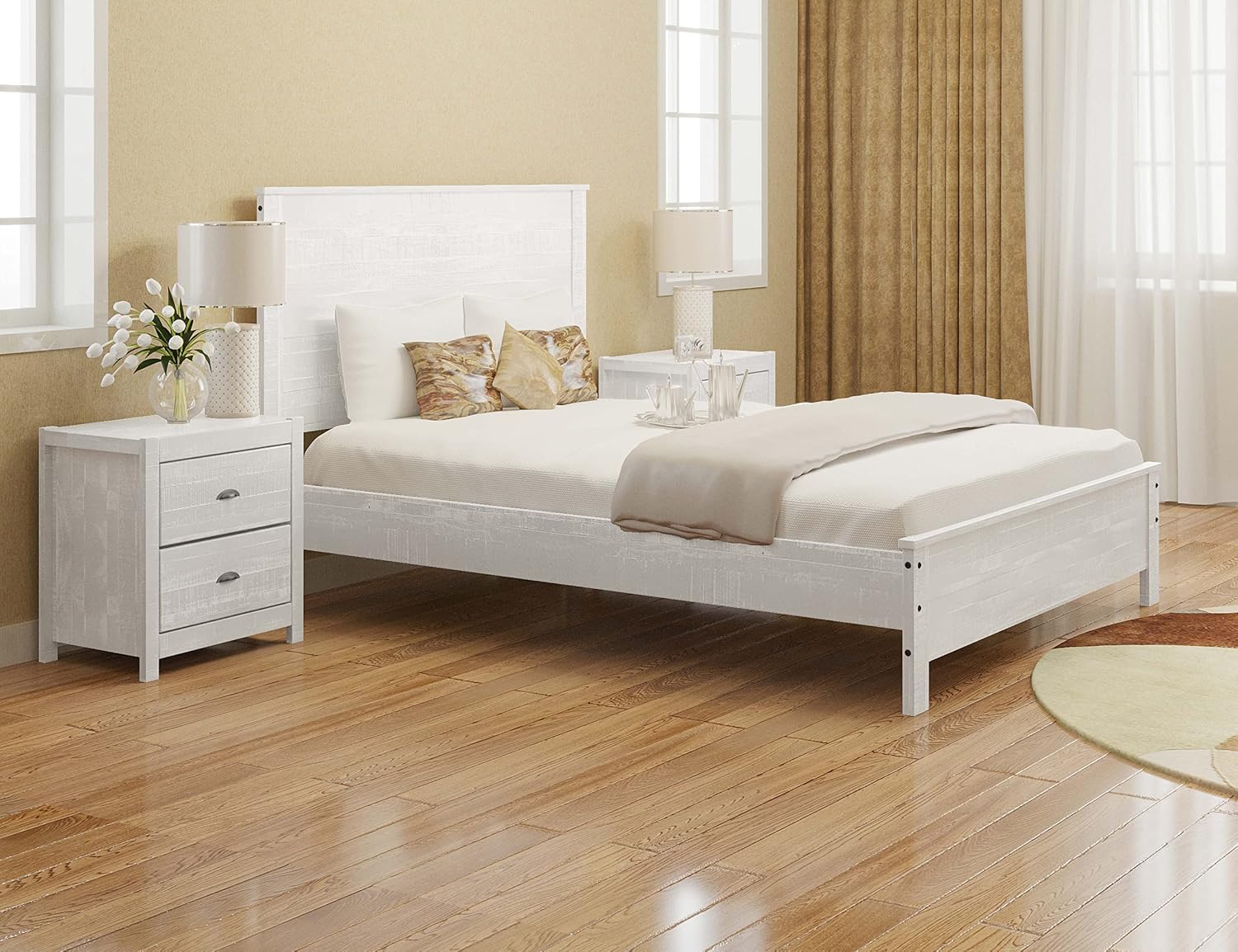 3 Pcs Twin Bed Set, Heavy Duty Solid Wood Twin Size Bed e with Bedside Table Set of 2, White