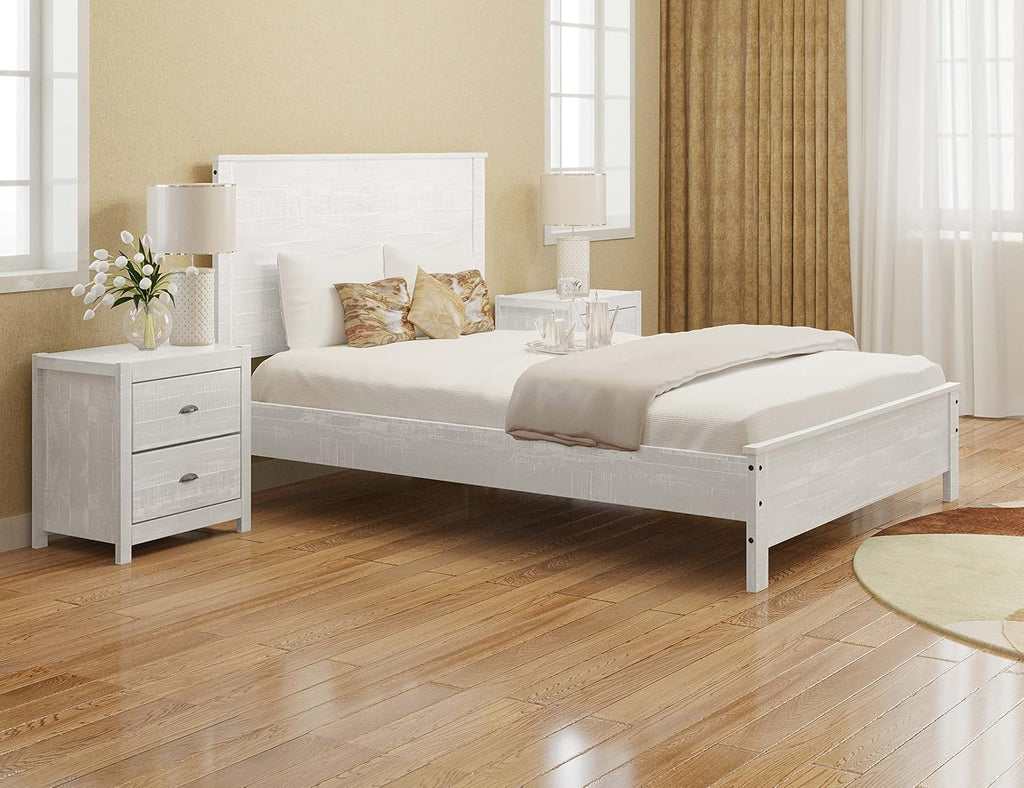 3 Pcs Twin Bed Set, Heavy Duty Solid Wood Twin Size Bed e with Bedside Table Set of 2, White