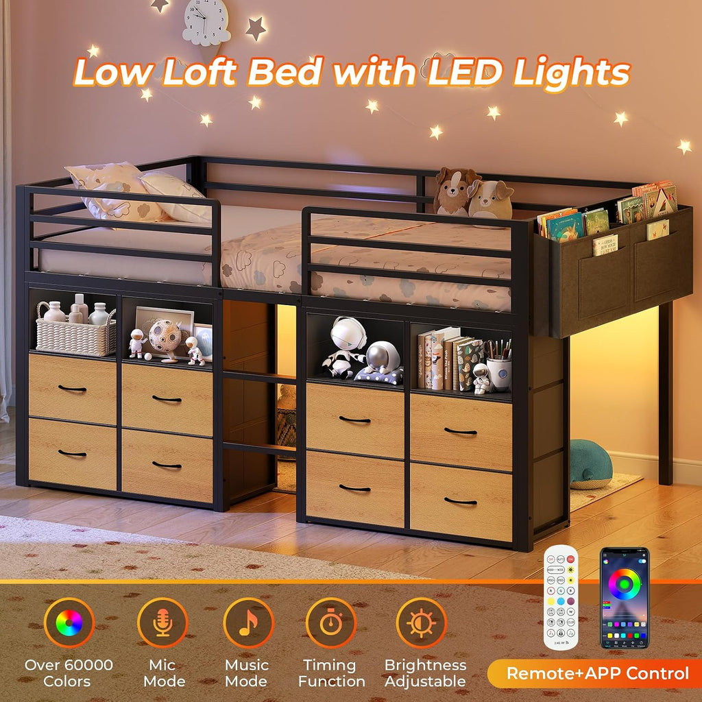 ADORNEVE Low Loft Bed Twin Size with 8 Storage Drawers, Twin Loft Bed with Bookcase and LED Lights, Metal Kids Loft Bed with 14' H Safety Guardrail, Under-Bed Play Space, No Box Spring Needed, Natural