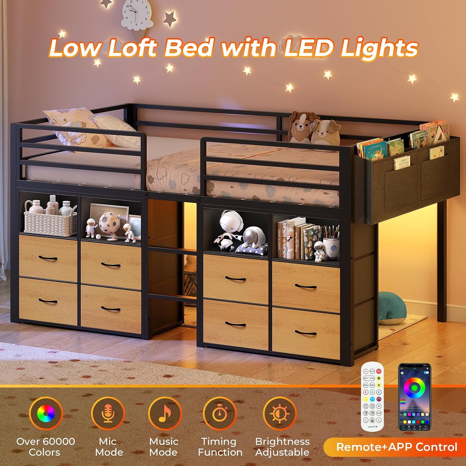 ADORNEVE Low Loft Bed Twin Size with 8 Storage Drawers, Twin Loft Bed with Bookcase and LED Lights, Metal Kids Loft Bed with 14' H Safety Guardrail, Under-Bed Play Space, No Box Spring Needed, Natural