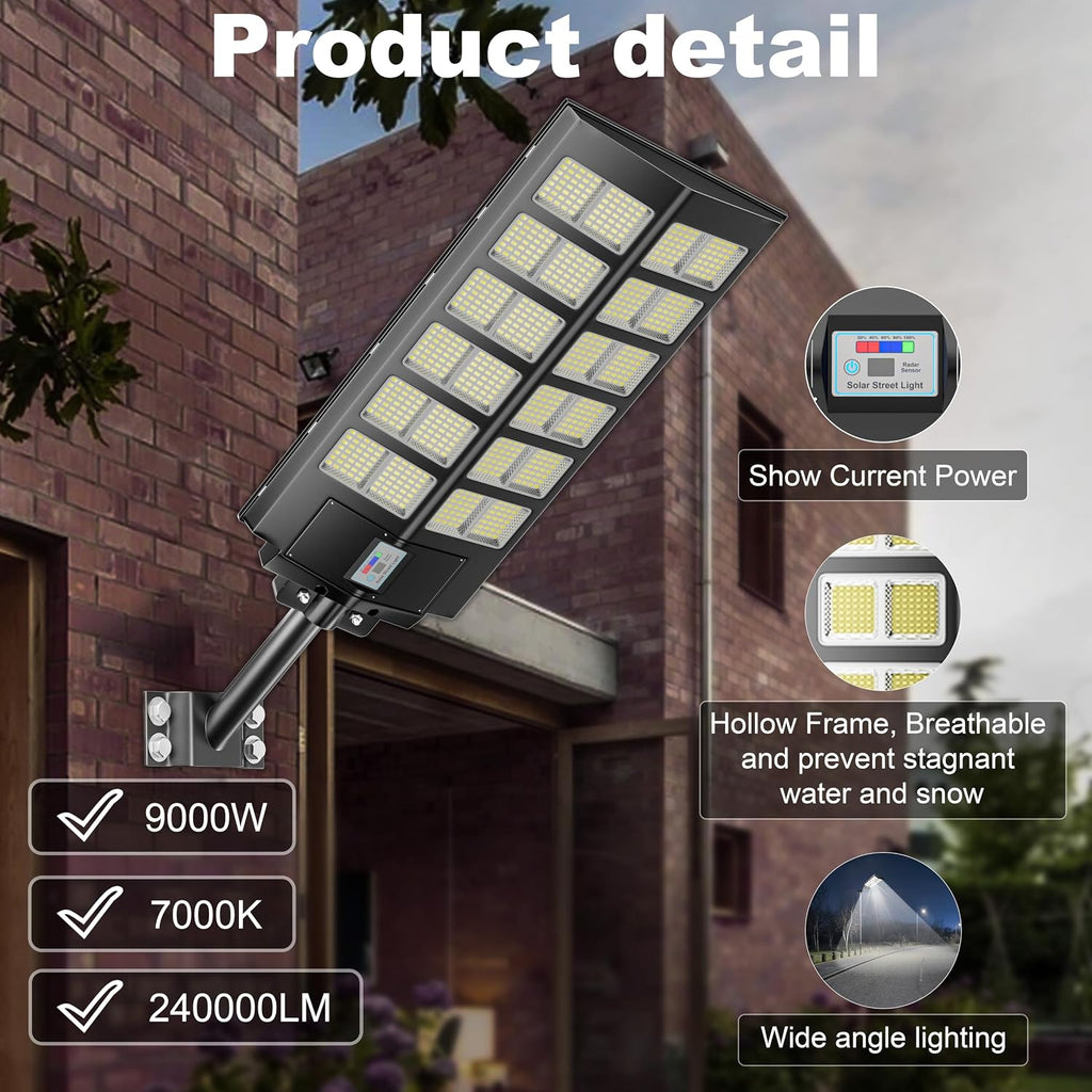 Solar Street Lights Outdoor Waterproof Dusk to Dawn, Large 9000W Outdoor Floodlight LED Motion Sensor, 7000K Wide Angle Parking Lot Flood Lamp Remote Control for Yard Garden