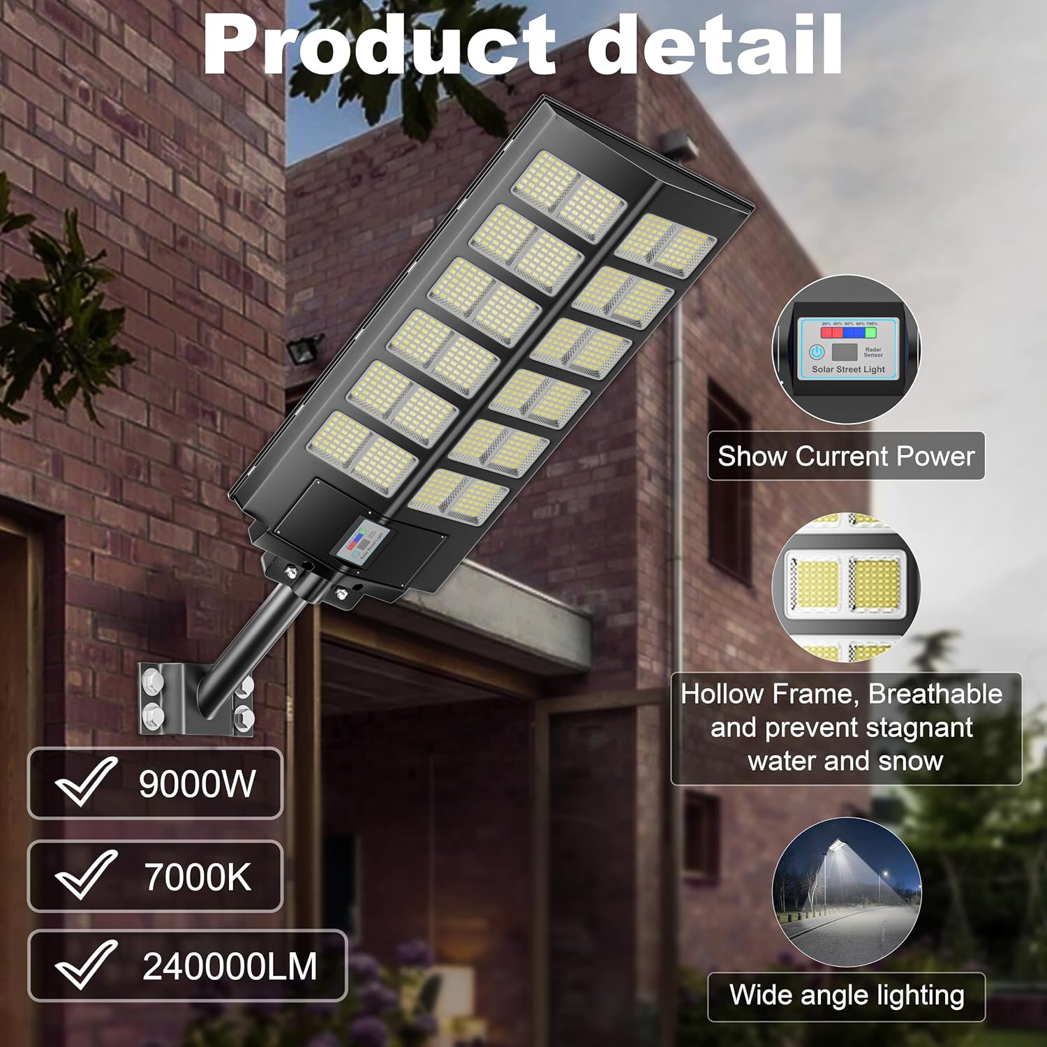 Solar Street Lights Outdoor Waterproof Dusk to Dawn, Large 9000W Outdoor Floodlight LED Motion Sensor, 7000K Wide Angle Parking Lot Flood Lamp Remote Control for Yard Garden