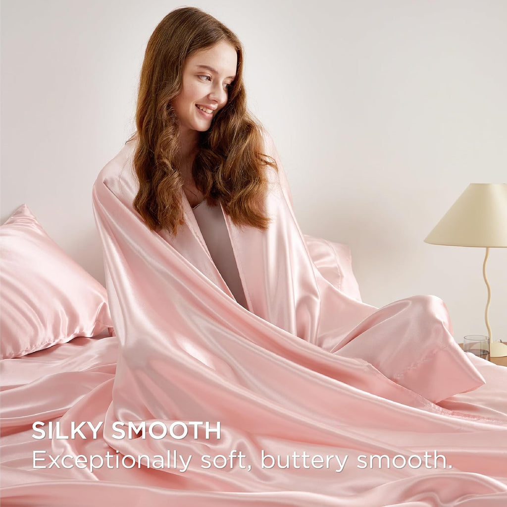 Twin XL Size 4-Piece Sheet Set Premium Mulberry Silk Bed Sheets Set Fits 14-16' Deep Pocket - Luxurious Soft Silk (Solid, Light Pink)