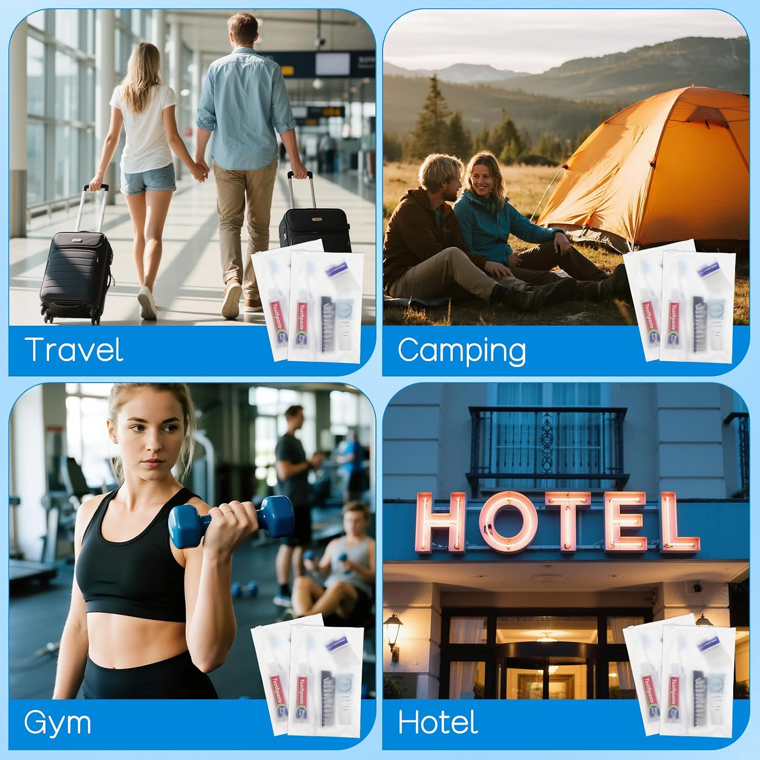 Travel Toiletries Supplies Kits Disposable Toiletry Amenities Set in Bulk, Hygiene Trial Size Personal Essentials Individually Wrapped 5-in-1 (100-Pack)