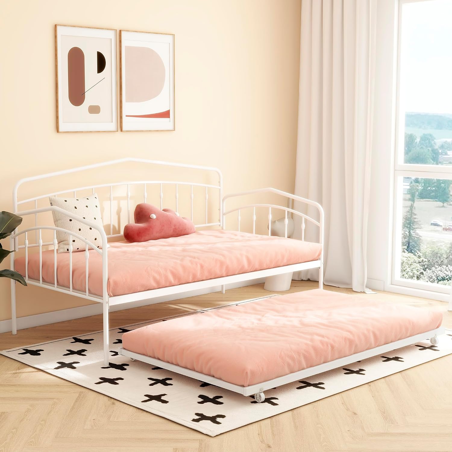 Twin Daybed with Trundle,Metal Sofa Bed Set,Rollaway Daybed Couch Bed Frame for Bedroom Living Room Guest Room White