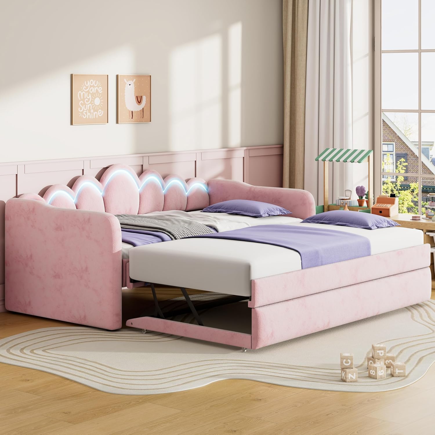 LUMISOL Upholstery Daybed with Trundle, Twin XL Upholstered Daybed with LED Light, Tufted Corner Sofa Bed Furniture for Bedroom Guest Living Room, Pink