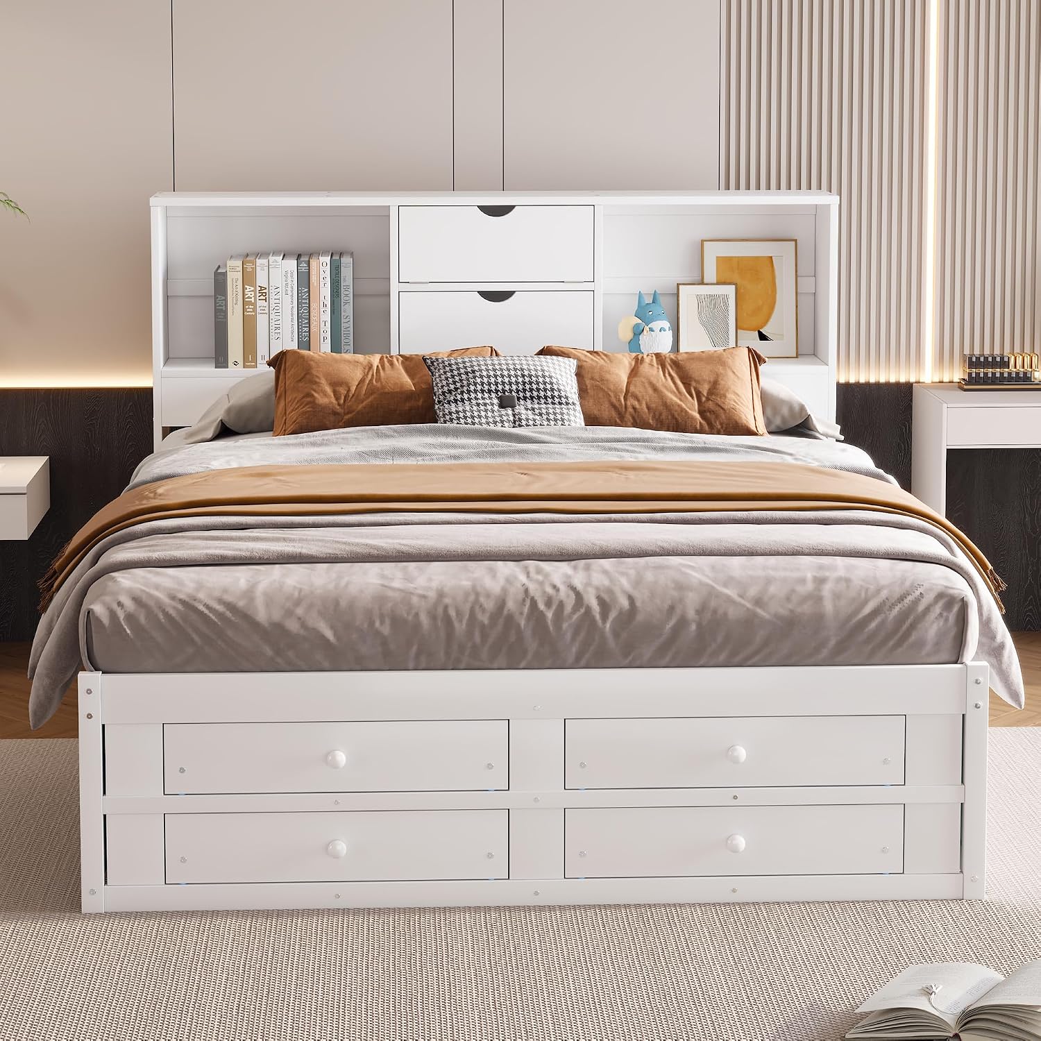 King Size Wood Platform Bed with 8 Storage Drawers and Bookcase Headboard for Bedroom (White, King)