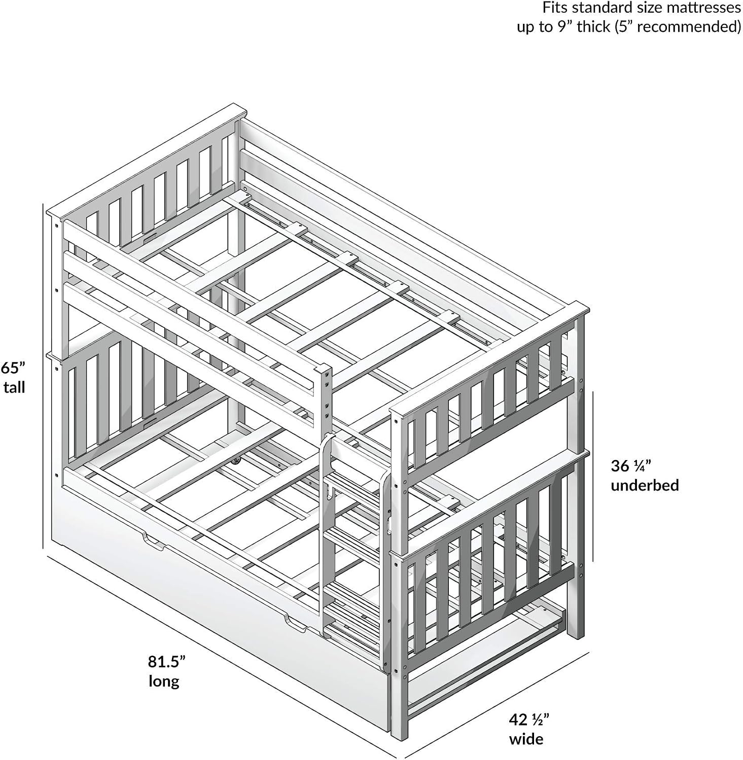 Max & Lily Bunk Bed, Twin-Over-Twin Wood Bed Frame For Kids With Trundle, Grey