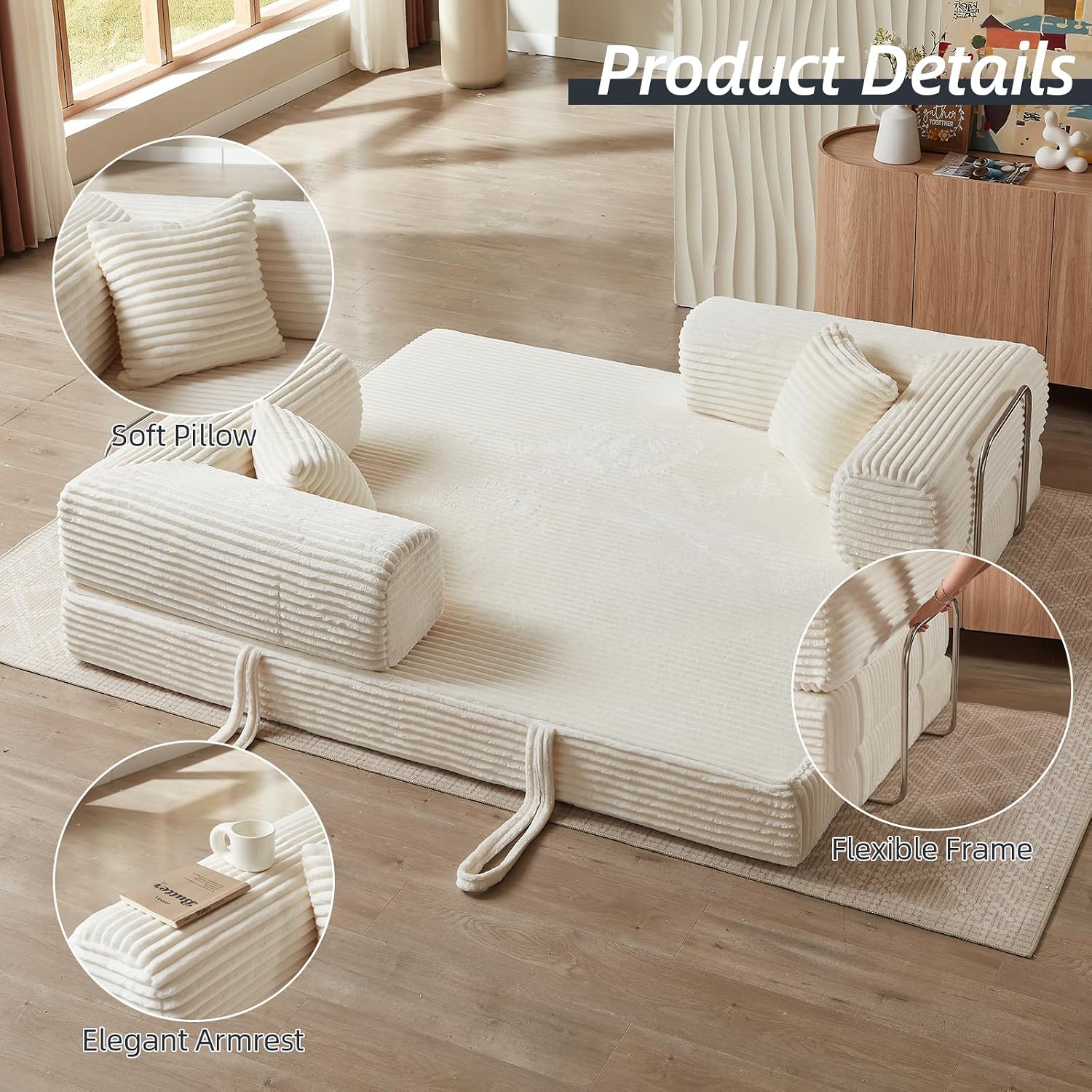 81 Inch Convertible Folding Sofa Bed,Fold Out Floor Sofa Couch with Fixed-Shape Frame,Corduroy Foldable Mattress Cloud Couch for Living Room Bedroom (Off White)