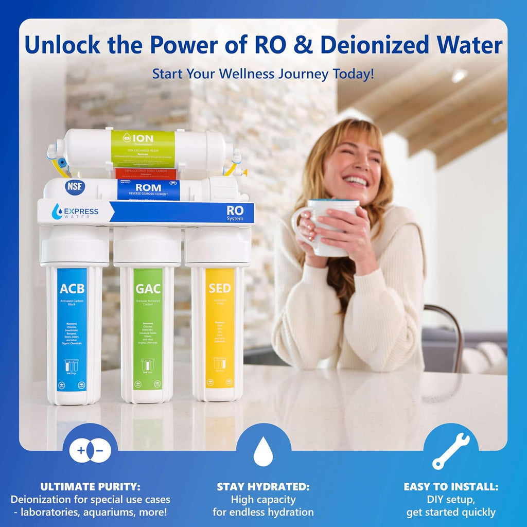 Express Water Reverse Osmosis Deionization Water Filtration System – 6 Stage RO System with Faucet and Tank – Under Sink Water Filter – with Deionization Water Filter – 100 GPD