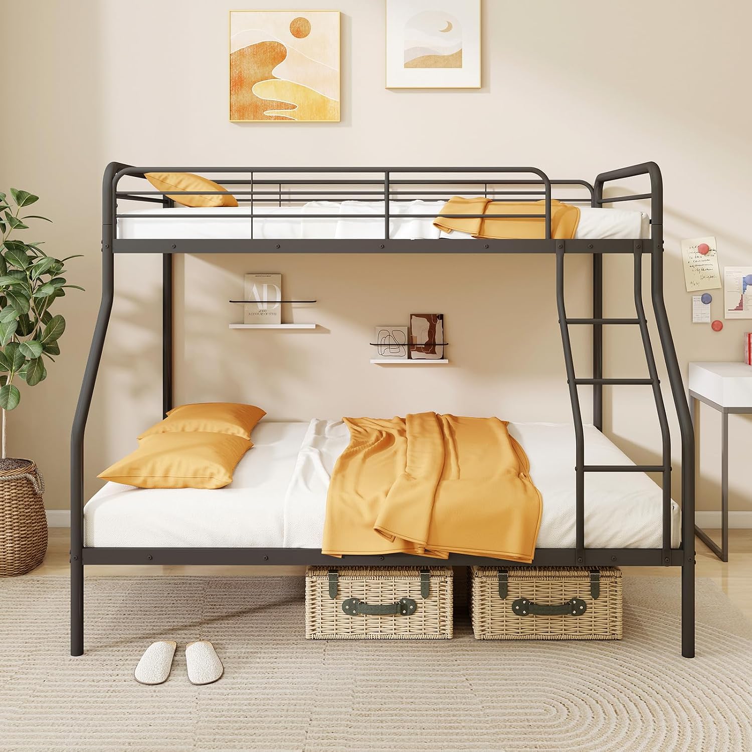 Giantex Metal Bunk Beds Twin Over Full Size, Heavy Duty Bunk Bed for Teens Adults with Ladder & Guardrails, Space Saving Metal Bunk Bed for Dorm, Bedroom, Apartment, No Box Spring Needed (Black)