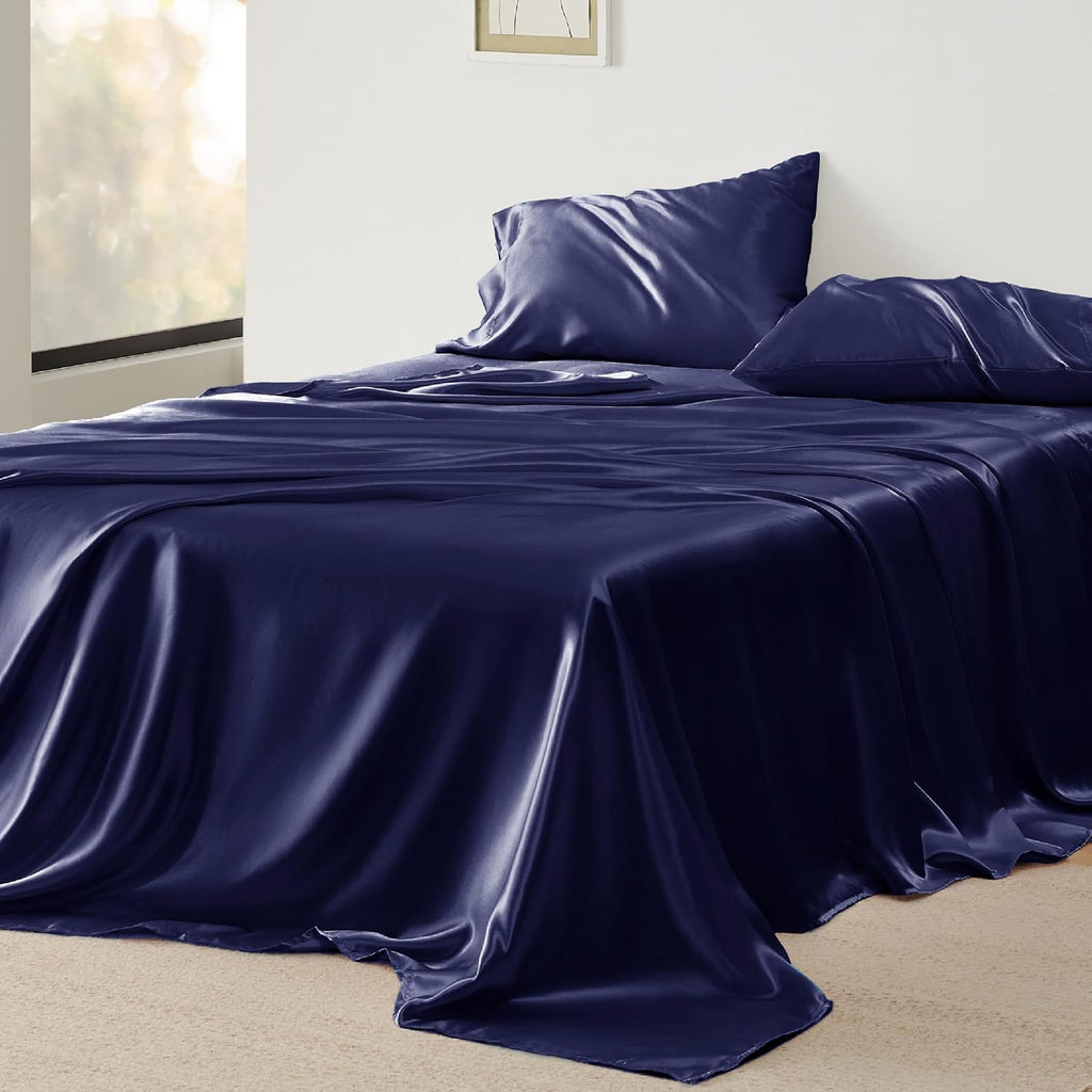 Twin XL Size 4-Piece Sheet Set Premium Mulberry Silk Bed Sheets Set Fits 14-16' Deep Pocket - Luxurious Soft Silk (Solid, Navy Blue)