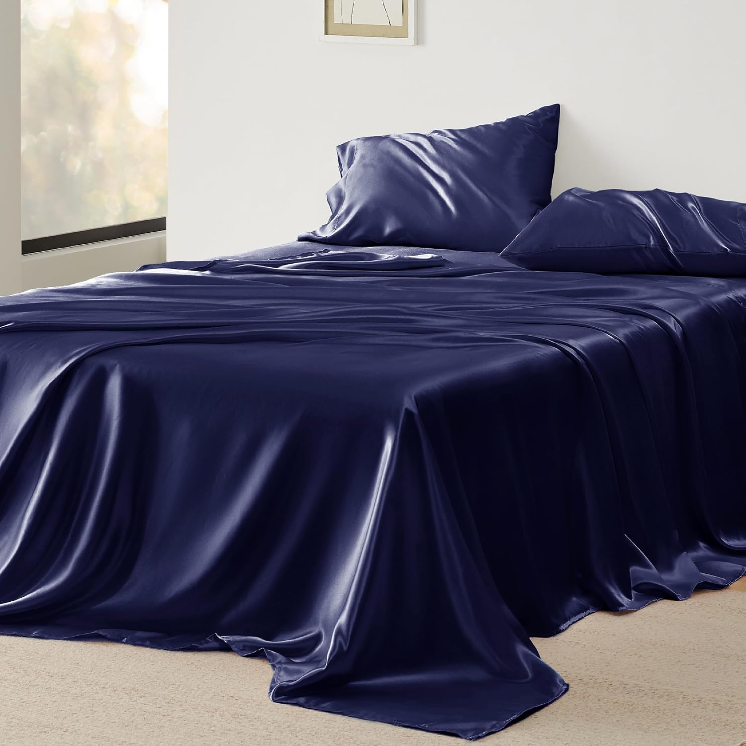 Twin XL Size 4-Piece Sheet Set Premium Mulberry Silk Bed Sheets Set Fits 14-16' Deep Pocket - Luxurious Soft Silk (Solid, Navy Blue)