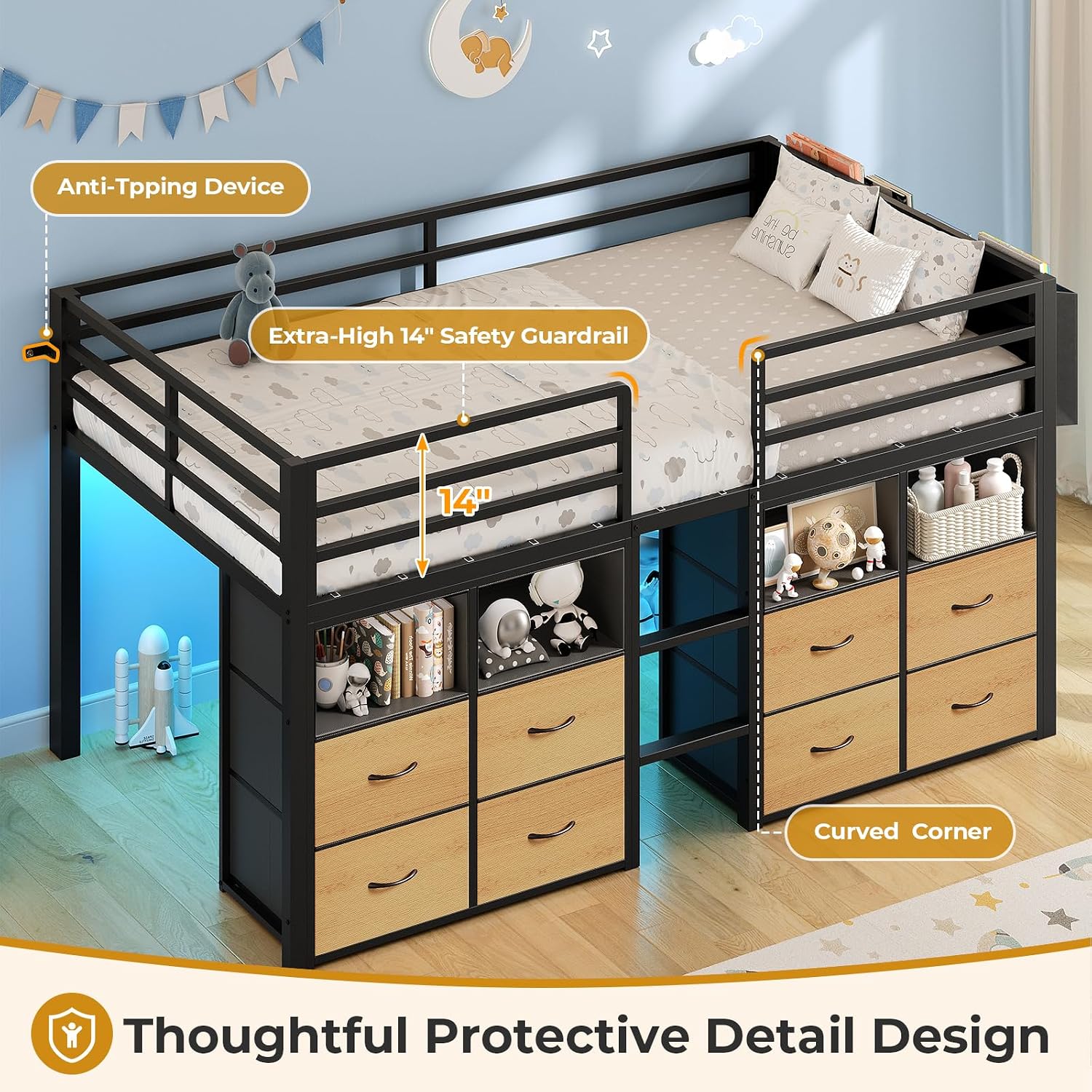 ADORNEVE Low Loft Bed Twin Size with 8 Storage Drawers, Twin Loft Bed with Bookcase and LED Lights, Metal Kids Loft Bed with 14' H Safety Guardrail, Under-Bed Play Space, No Box Spring Needed, Natural