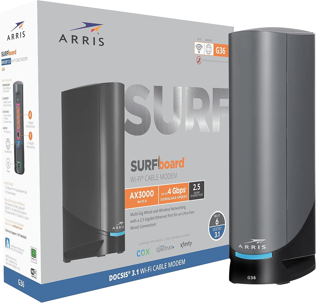 ARRIS Surfboard G36 Multi-Gigabit Cable Modem & AX3000 Wi-Fi Router with 2.5 Gbps Ethernet Port, Approved for Cox, Spectrum, Xfinity & Others, black (Renewed)