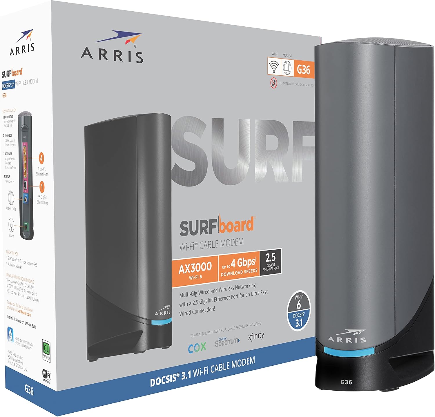 ARRIS Surfboard G36 Multi-Gigabit Cable Modem & AX3000 Wi-Fi Router with 2.5 Gbps Ethernet Port, Approved for Cox, Spectrum, Xfinity & Others, black (Renewed)