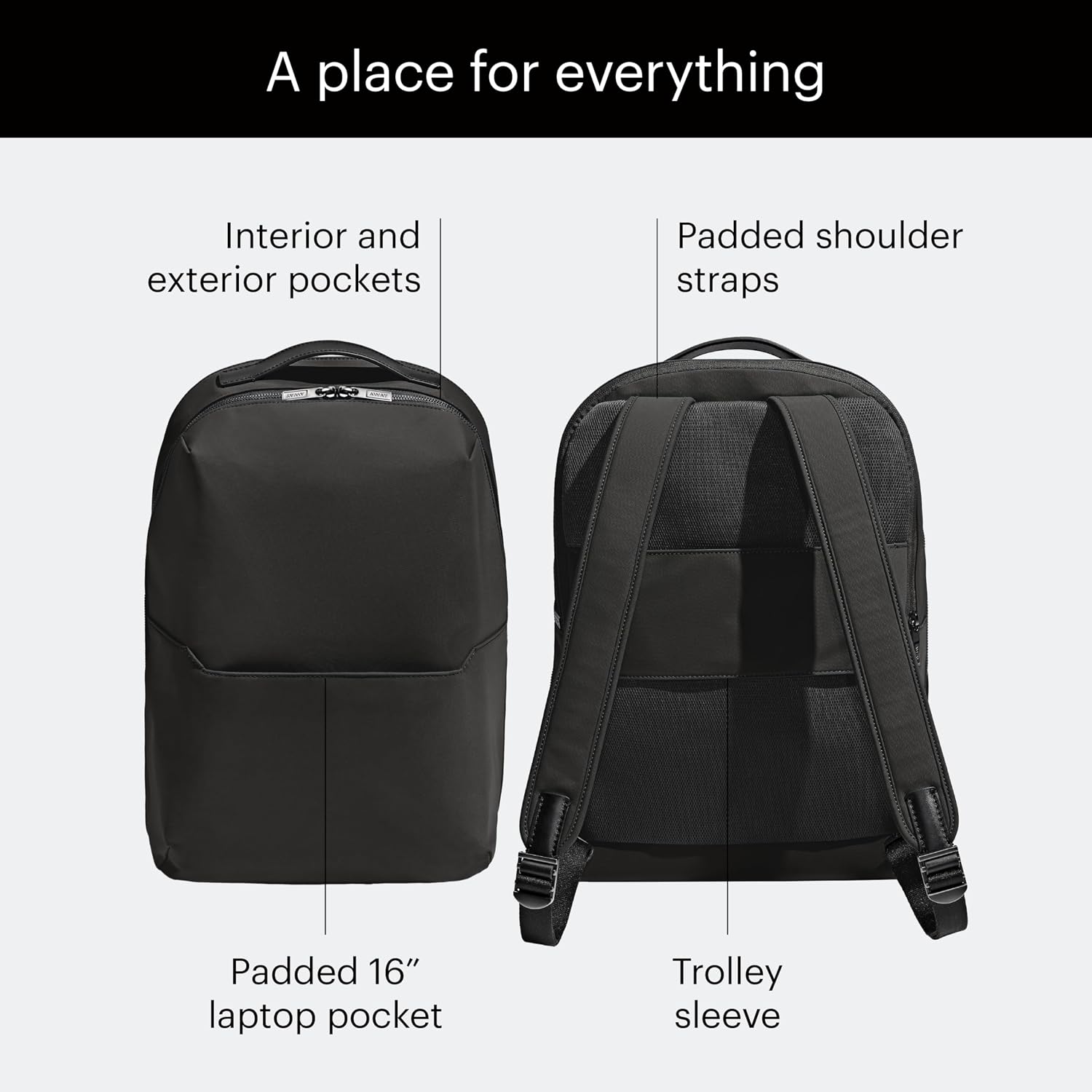 Away The Everywhere Zip Backpack - Personal Item Airline Approved Backpack with 16' Padded Laptop Sleeve, Water Bottle Pocket, Interior and Exterior Pockets - Fits Up to 16-Inch Laptops - Jet Black