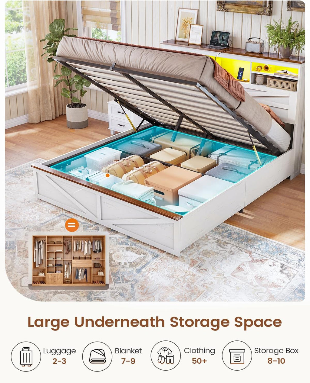 AOGLLATI Farmhouse Full Size Bed Frame with Lift Up Storage & Hidden Bookcase Storage Headboard, Wood Bed Frame Full with Charging Station, Led Lights, No Box Spring Needed, Antique White