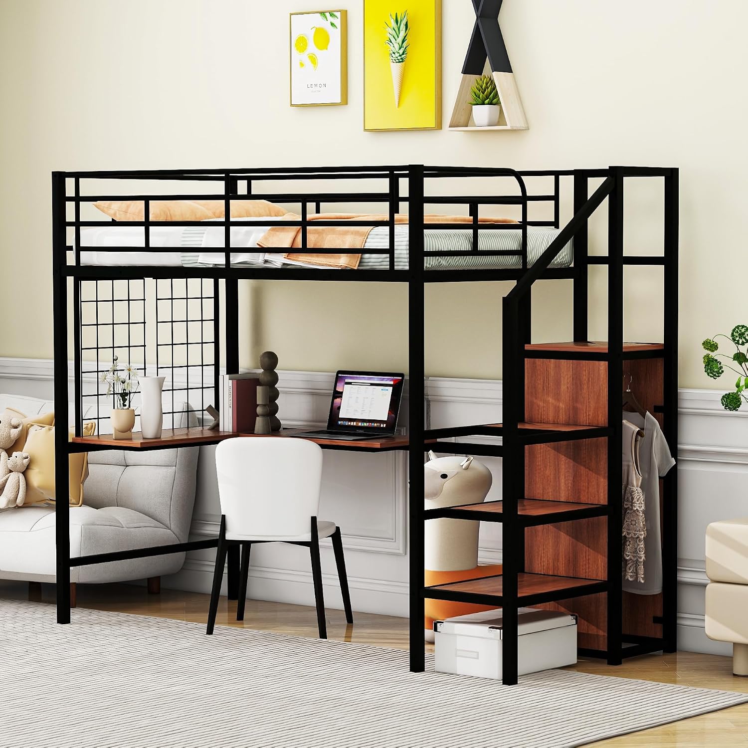 JIVOIT Twin Size Metal Loft Bed with L-Shape Desk and Wardrobe, Stylish Metal Frame Bed with Lateral Storage Ladder and Metal Grid, 3-Layers Storage Shelves, Space Saving Design (Black-Wardrobe,Twin)