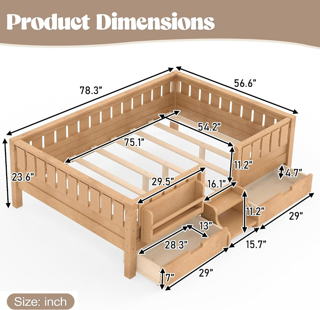 Bellemave Full Kids Montessori Bed with Stairs, Bookshelf and Drawers, Solid Wood Kids Bed Frame with Storage for Boys Girls, Low Profile,Light Natural