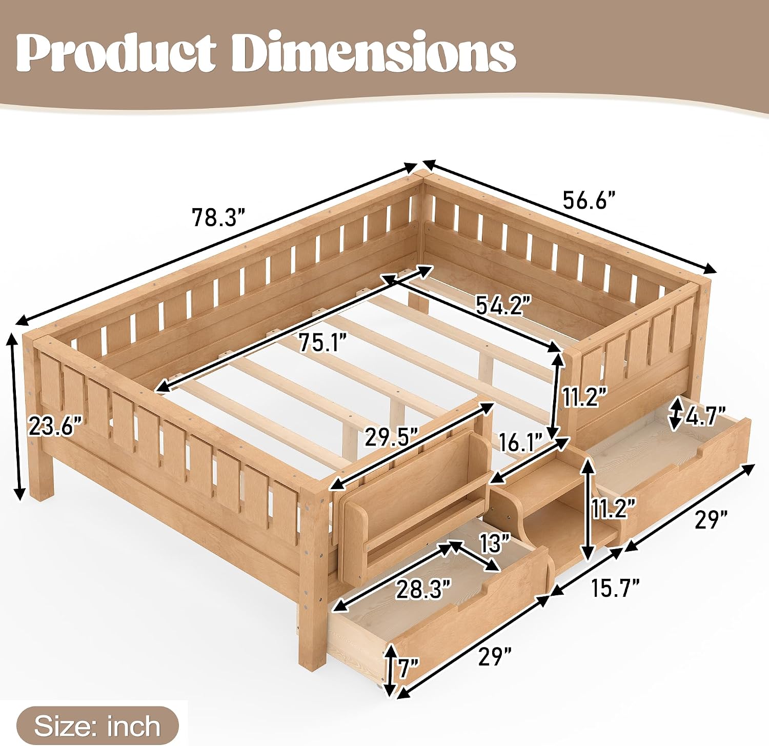 Bellemave Full Kids Montessori Bed with Stairs, Bookshelf and Drawers, Solid Wood Kids Bed Frame with Storage for Boys Girls, Low Profile,Light Natural