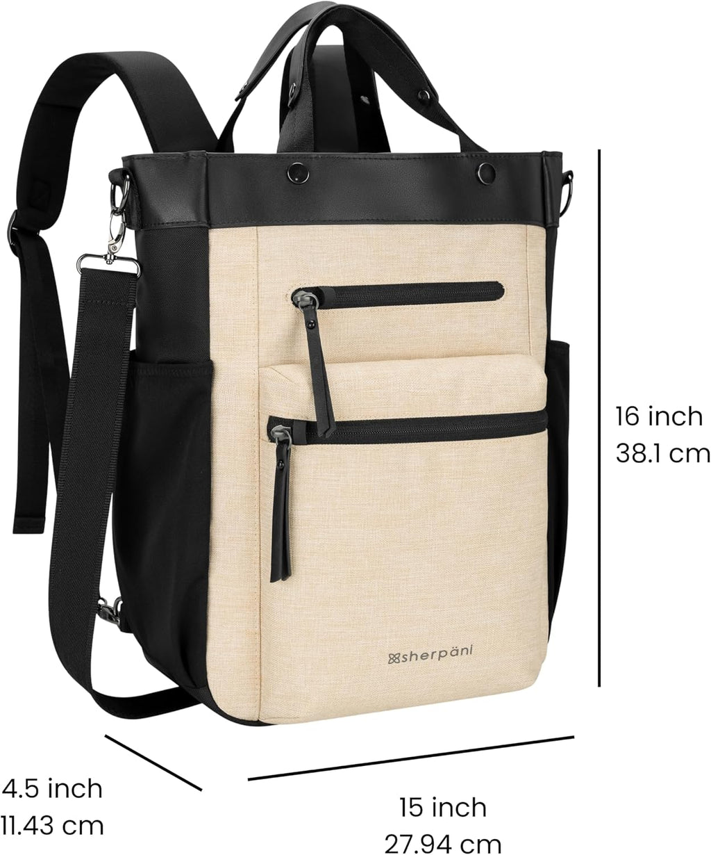 Sherpani Soleil, Anti Theft Convertible Backpack, 3 in 1 Tote, Crossbody Purse, 18L Travel Bag, Fits 13' Laptop (Straw Pro)