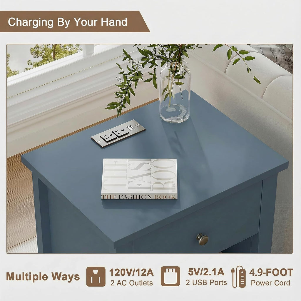 ChooChoo Farmhouse Nightstand Set of 2,Night Stand with Charging Station, Wooden Top Bedside End Table with Drawer and Storage Space for Bedroom, Blue
