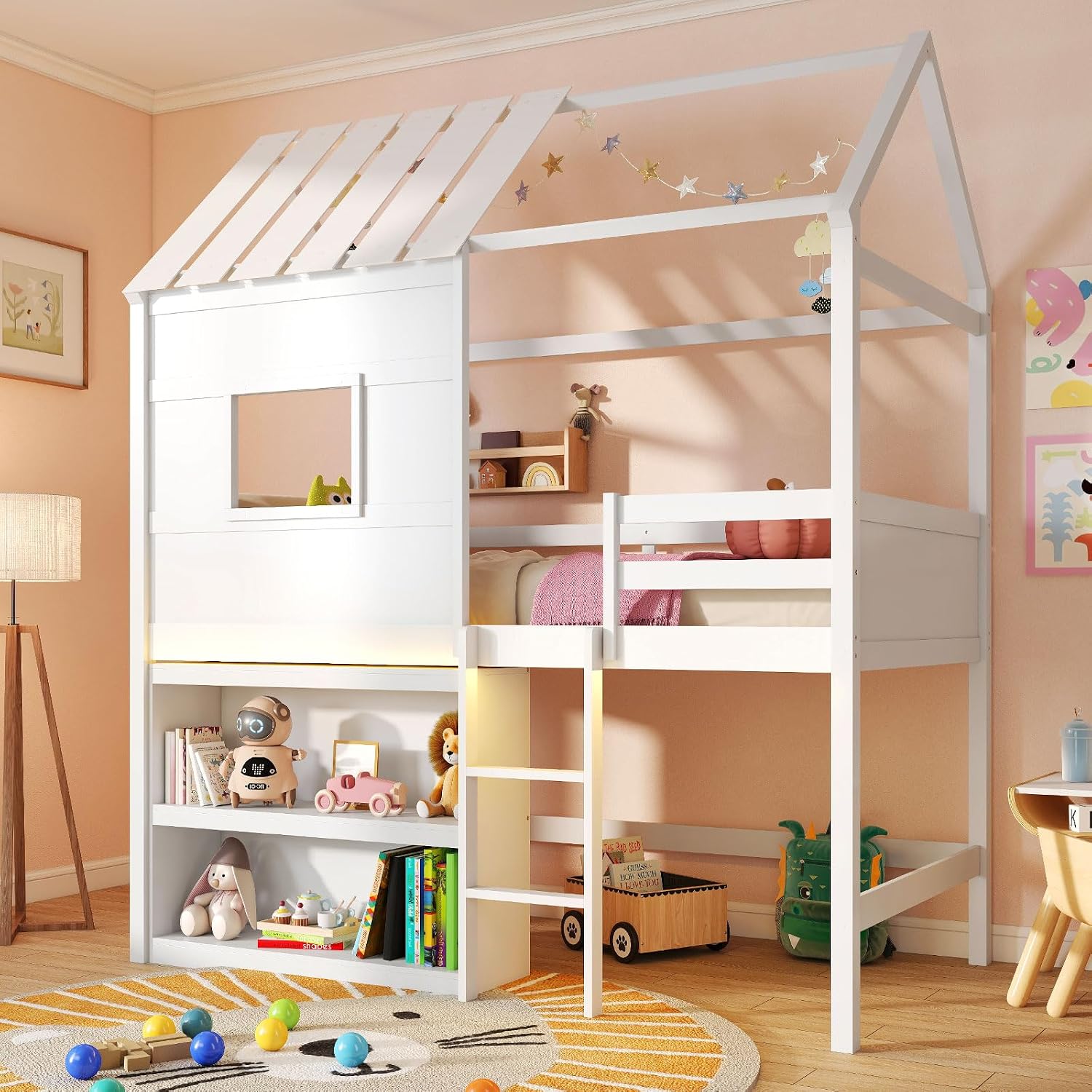 Giantex Twin Size House Loft Bed, Low Loft Bed with Roof, Window, LED Lights & Storage Bookshelf, Solid Wood Bedframe w/Ladder, Safety Guardrail, Under-Bed Play Space for Kids Boys Girls, White