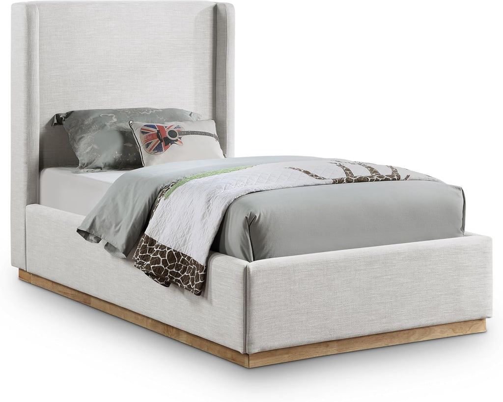 Meridian Furniture FlynnCream-T Flynn Collection Modern | Contemporary Twin Bed with Cream Linen Textured Fabric, Natural Finish Solid Wood Base, Wing Back, 43.5' W x 82.5' D x 52' H, Cream, Twin