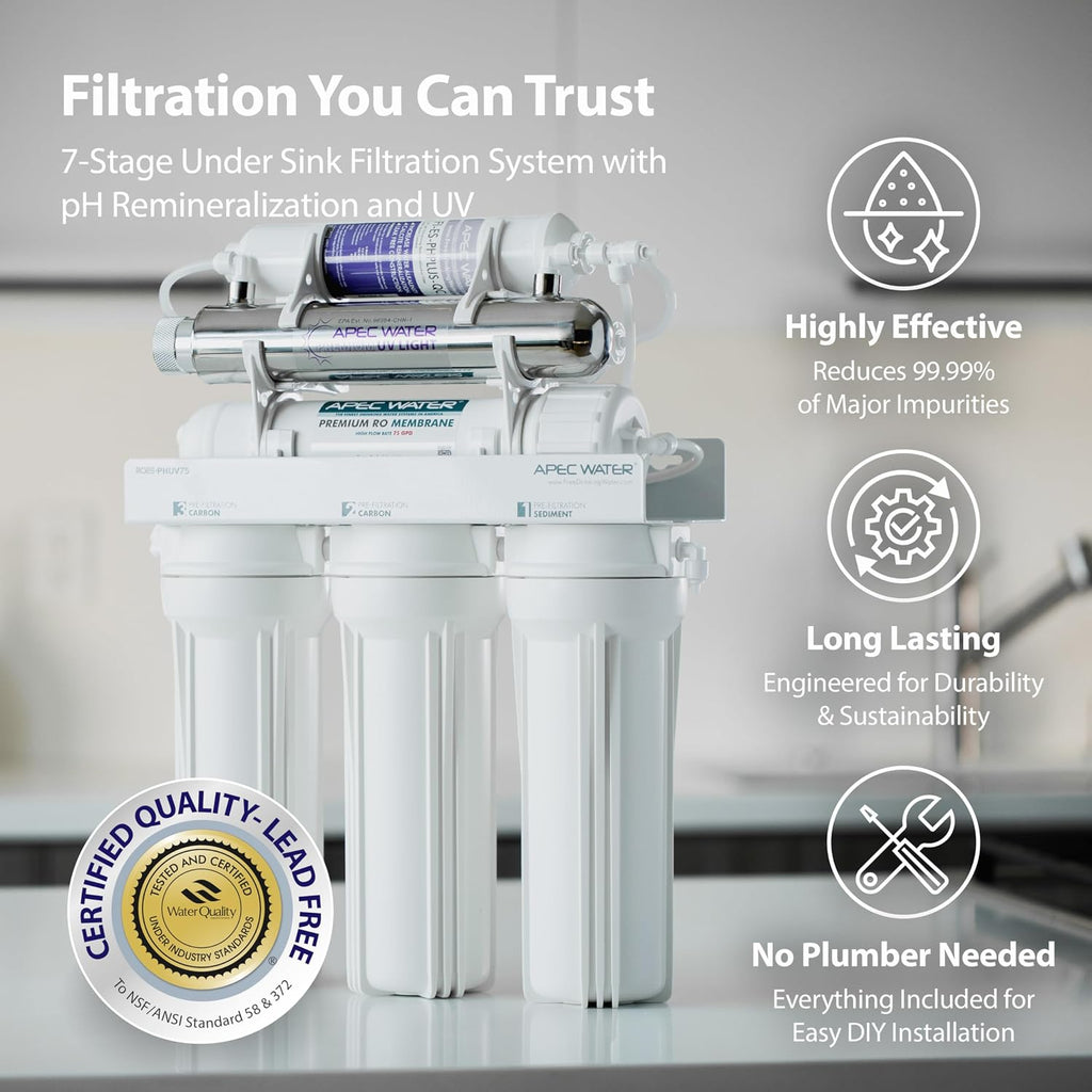 APEC Water ROES-PHUV75, 7-Stage Alkaline Under Sink Reverse Osmosis Water Filter System, UV Filter, NSF Certified 372, 75 GPD, Reduces 99% of Impurities
