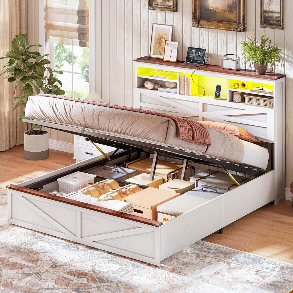 AOGLLATI Farmhouse Full Size Bed Frame with Lift Up Storage & Hidden Bookcase Storage Headboard, Wood Bed Frame Full with Charging Station, Led Lights, No Box Spring Needed, Antique White