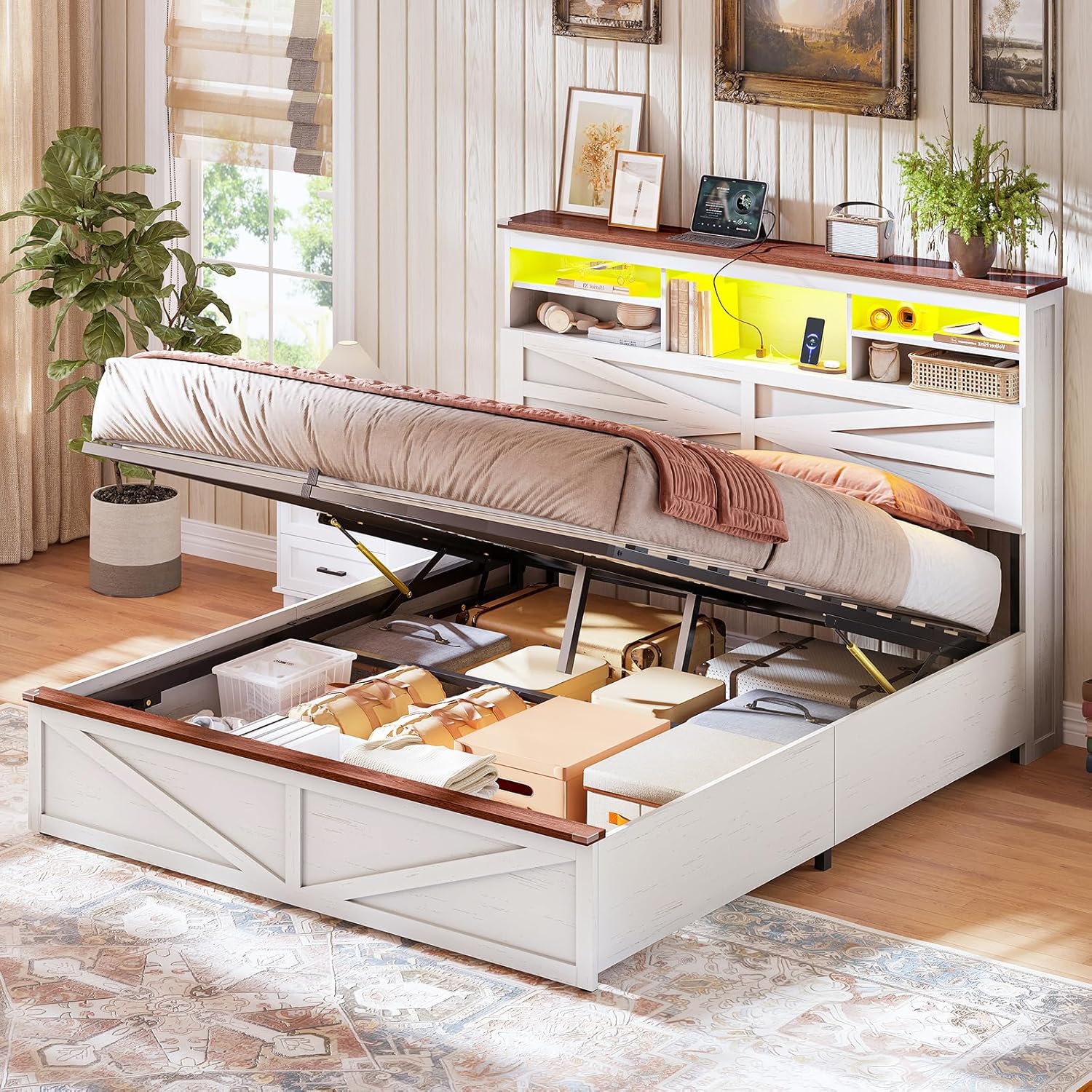 AOGLLATI Farmhouse Bed Frame Queen Size with Lift Up Storage & Hidden Bookcase Storage Headboard, Wood Queen Bed Frame with Charging Station, Led Lights, No Box Spring Needed, Antique White
