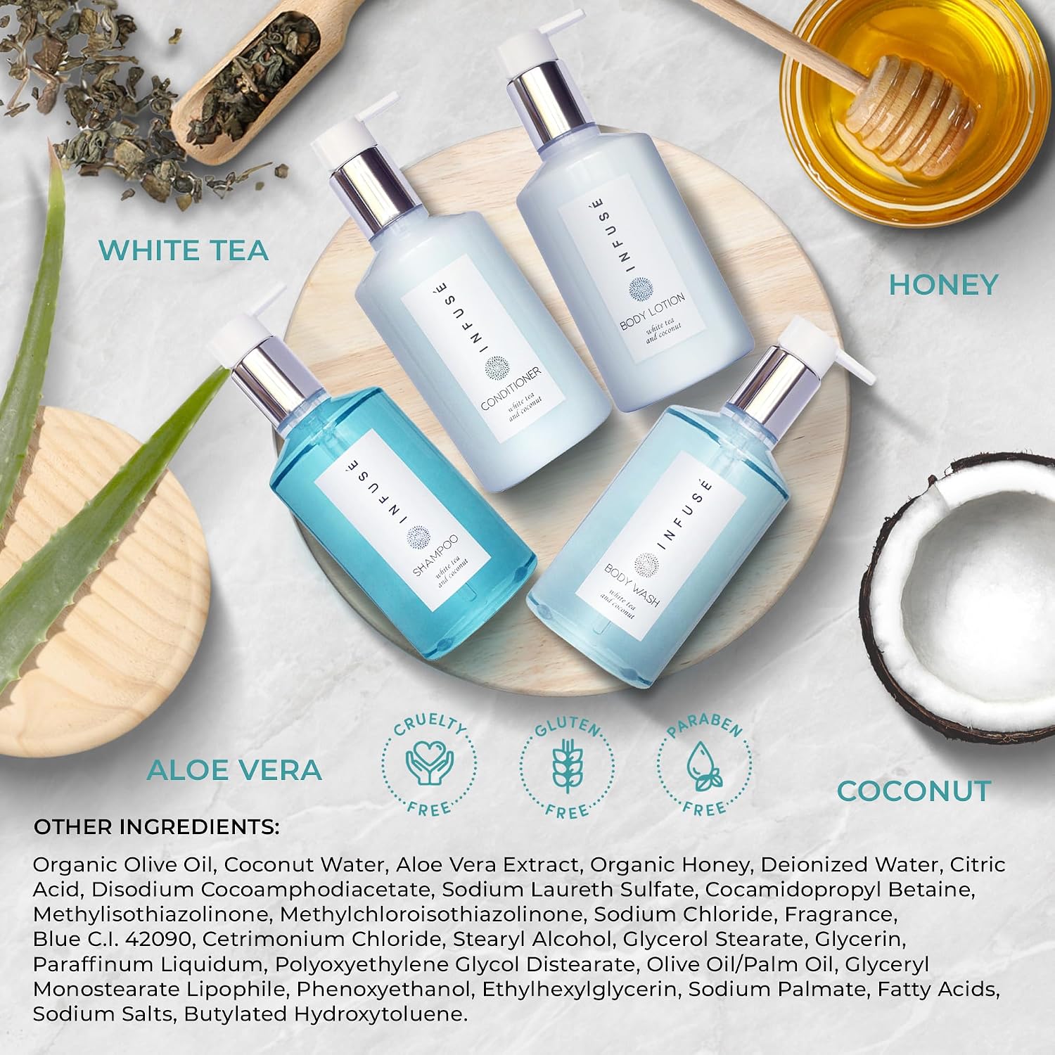 1-Shoppe Infuse 48 Piece Ecobox All-In-Kit | White Tea and Coconut Soap | 12 Shampoo, 12 Conditioner, 12 Body Wash and 12 Lotion | 10.14 oz Hotel Soaps and Toiletries Bulk | Personal Care Products