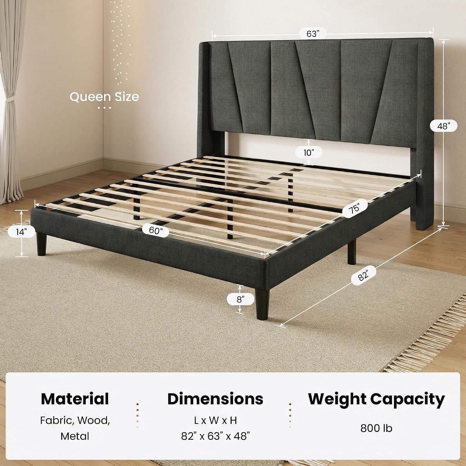 SHA CERLIN Queen Size Bed Frame with Geometric Wingback Headboard, Upholstered Platform Bed with Wooden Slats Support, 8' Under-Bed Space, No Box Spring Needed, Easy Assembly, Grey