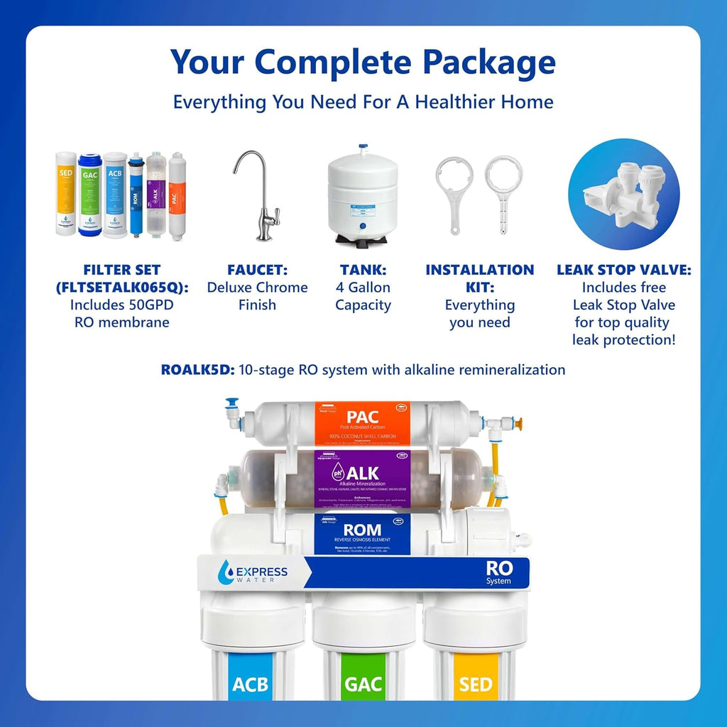 Express Water ROALK5D 10-Stage Alkaline Under Sink Reverse Osmosis Water Filter System, NSF Certified 372, 50 GPD, Reduces 99% of Impurities, BPA Free, Deluxe Chrome Faucet