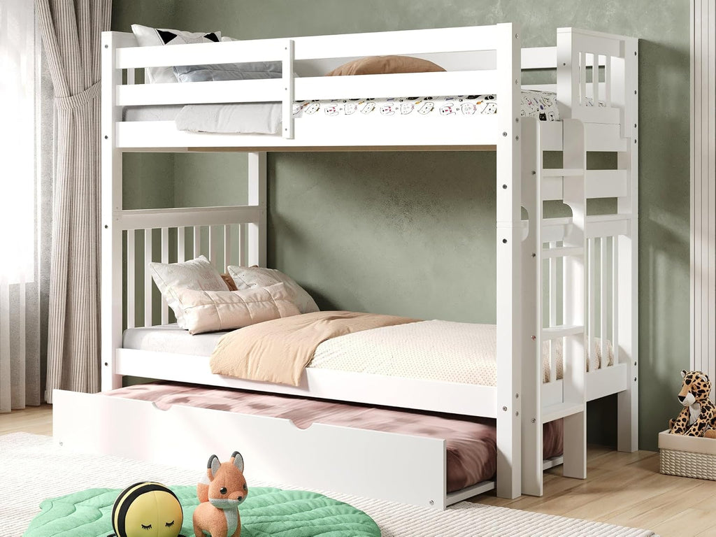 Bedz King Tall Bunk Beds Twin Over Twin Mission Style, End Ladder, Twin Trundle, White