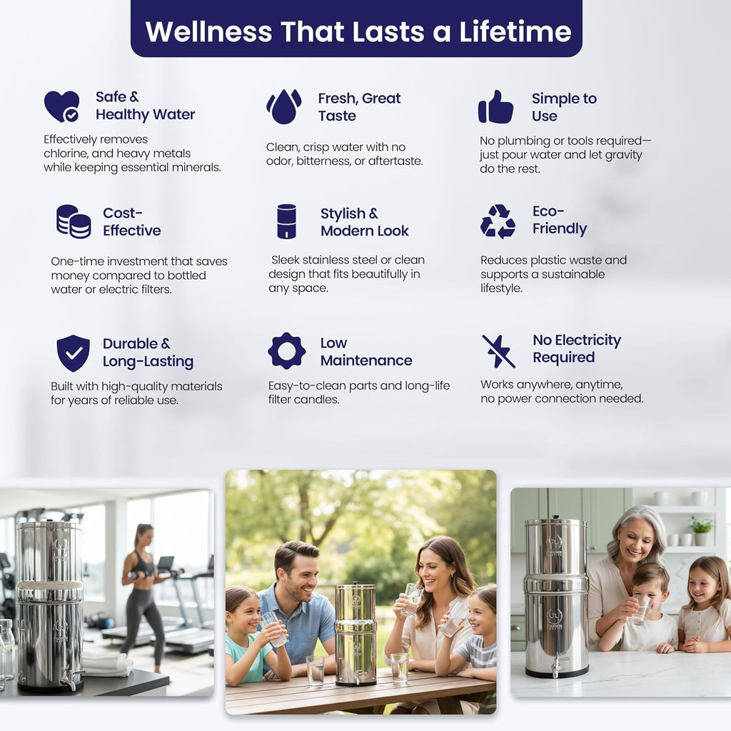 2.25 G Gravity Water Filter System | Dual Carbon Filtration | NSF/ANSI 42 & 372 Certified | Removes 99.9% Lead, PFAS, Chlorine & 200+ Contaminants | Countertop Stainless Steel Water Filter | Portable