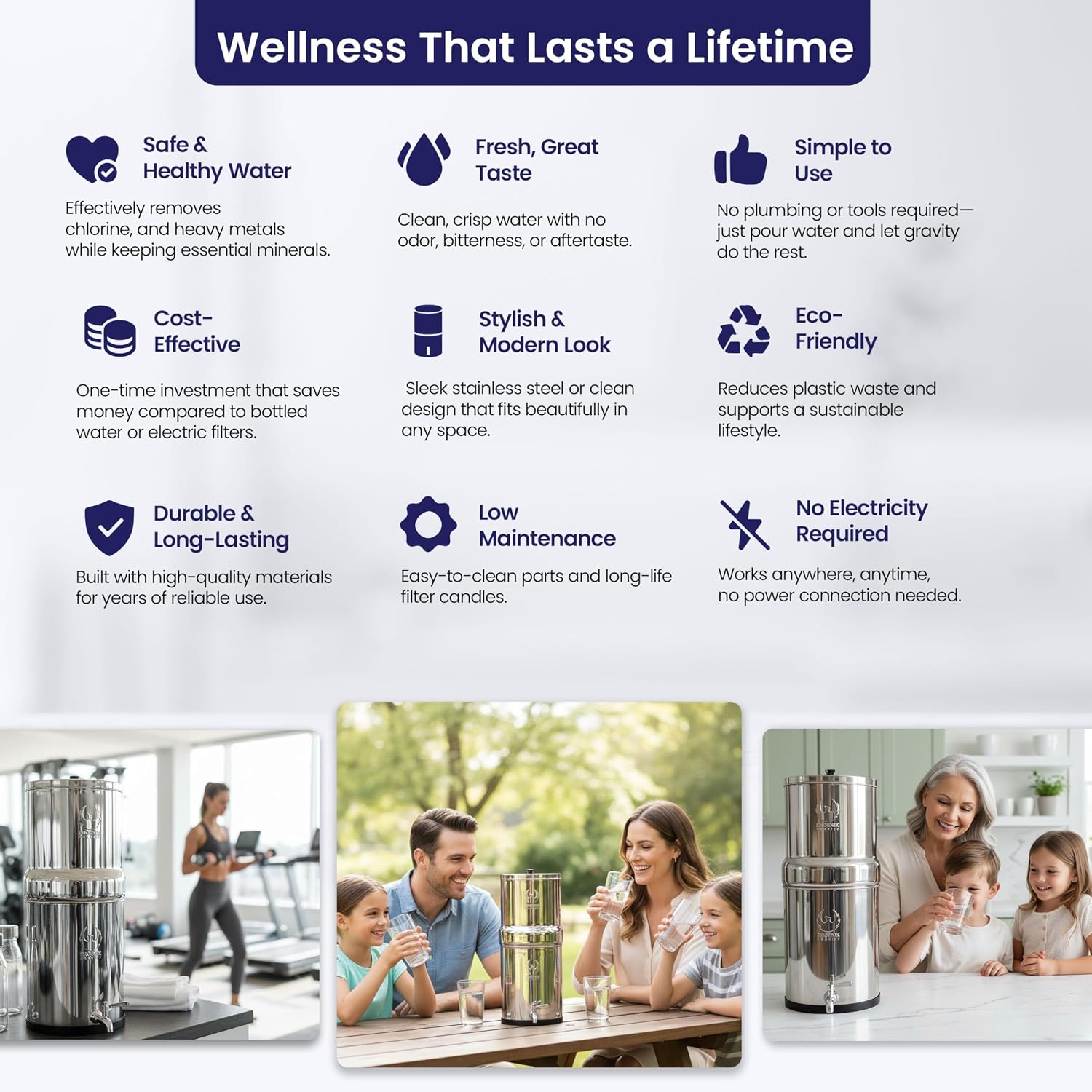 2.25 G Gravity Water Filter System | Dual Carbon Filtration | NSF/ANSI 42 & 372 Certified | Removes 99.9% Lead, PFAS, Chlorine & 200+ Contaminants | Countertop Stainless Steel Water Filter | Portable