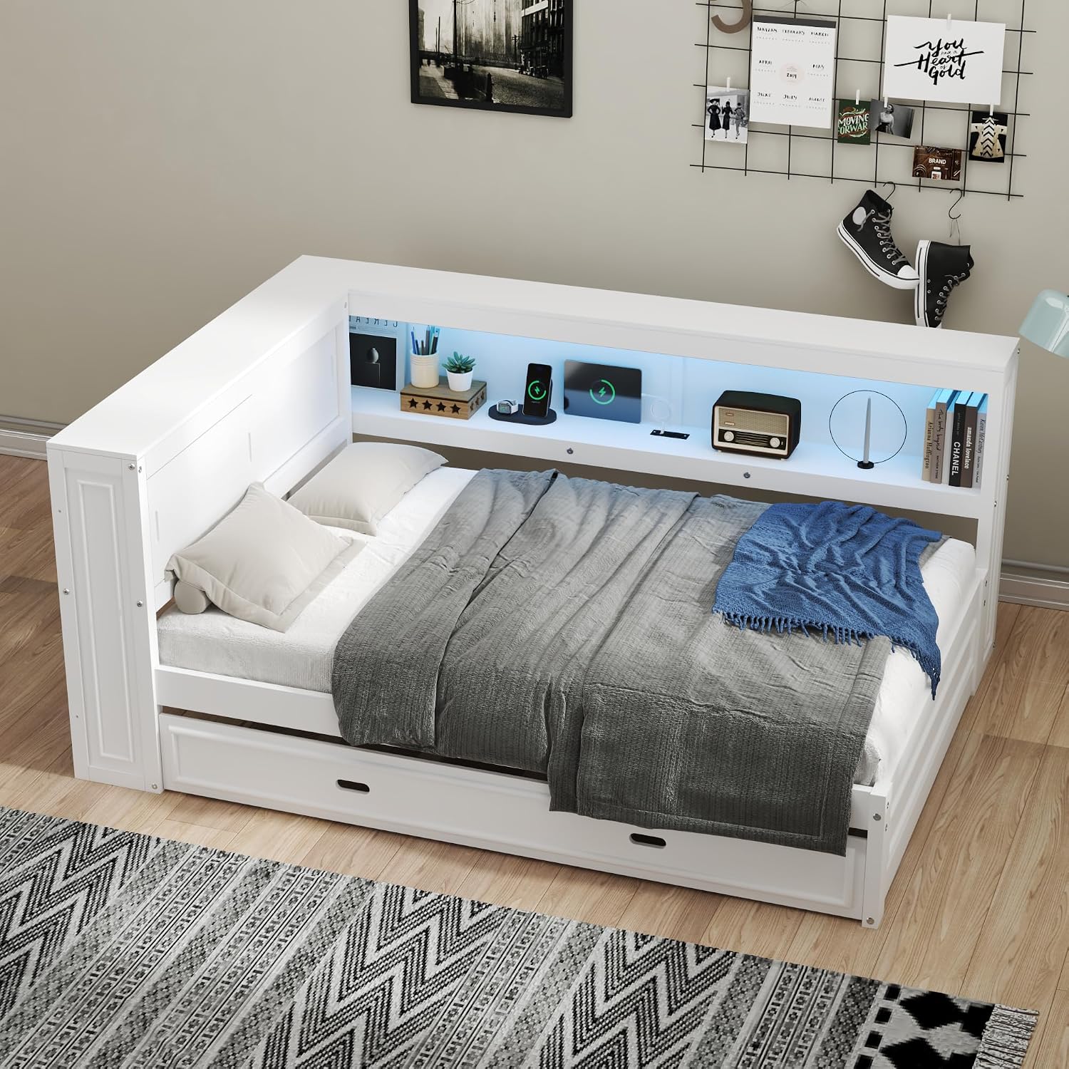 Modern Full Size Daybed with Storage Shelves and Bookcase, L Shape Corner Bed with LED Lights & USB Ports, Full Wood Daybed with Trundle for Kids Teens Adults (White-Q28)