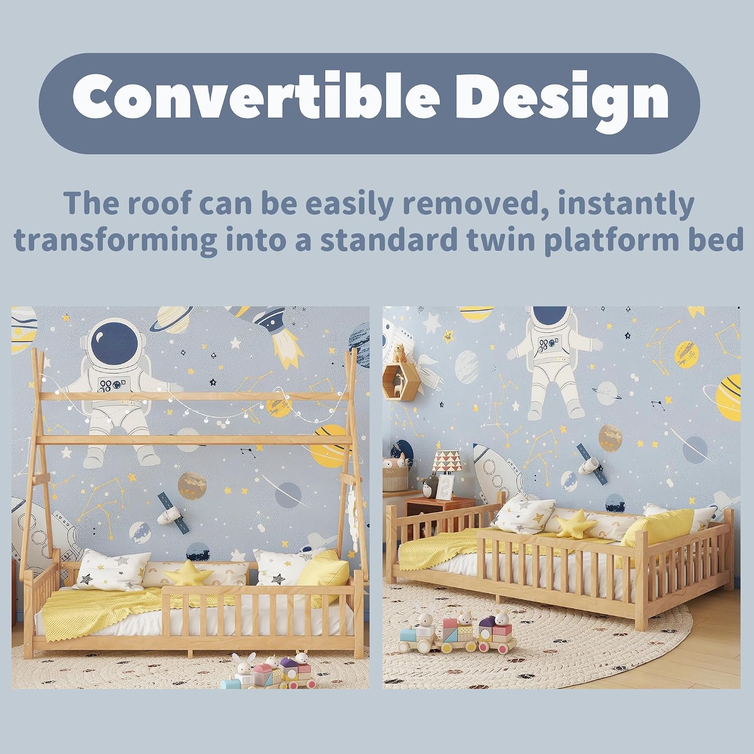 Twin Montessori Kids Floor Bed with Rails and LED Light, Low Twin Beds Frame with Fence and Removable Roof, Wood Montessori Floor Bed Frame for Kids, Girls, Boys, Natural