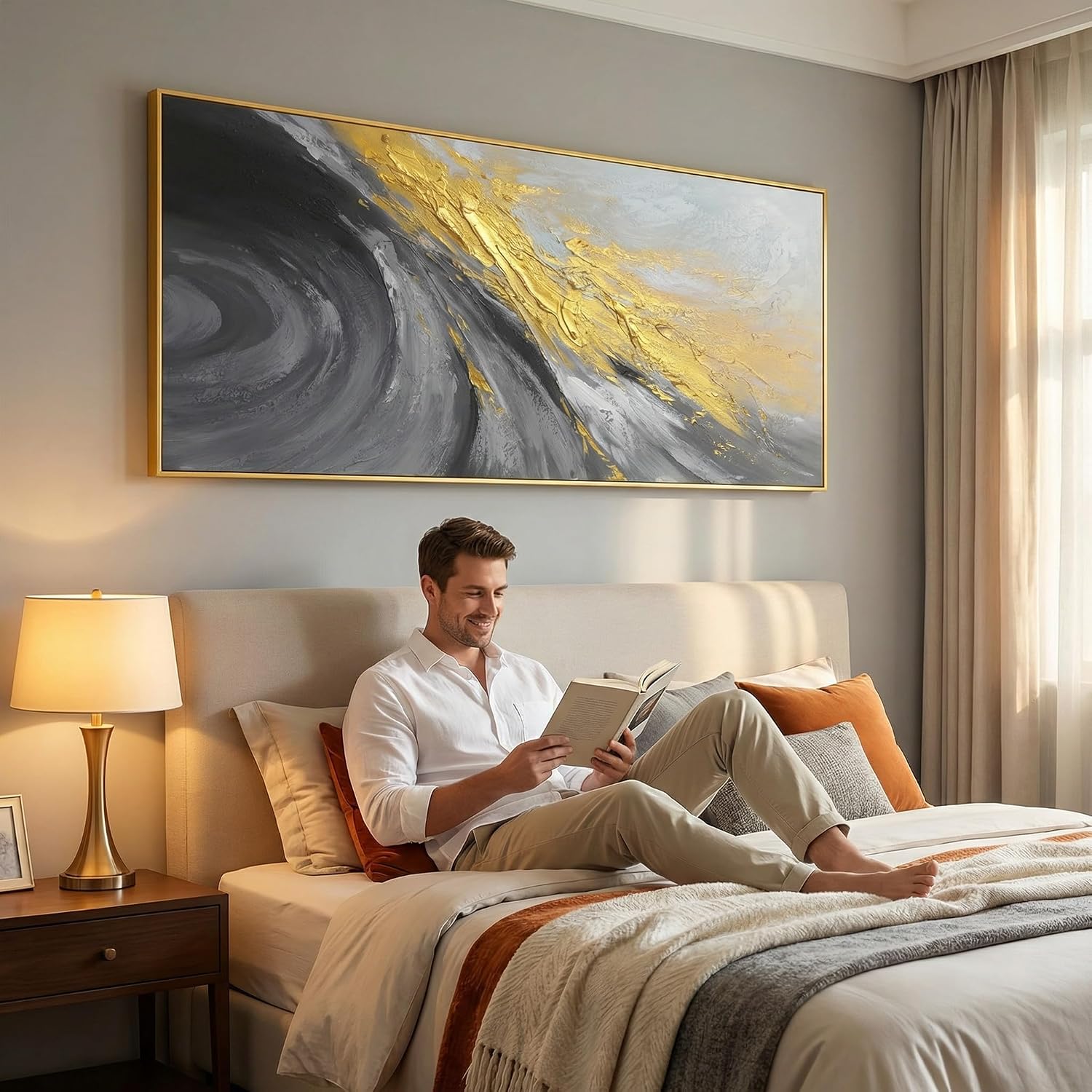 Large 3D Black and White Abstract Wall Art for Living Room, Gold Framed Textured Artwork for Office-Hand Painted Oil Painting on Canvas for Bedroom Home Decoration 24x56 inches