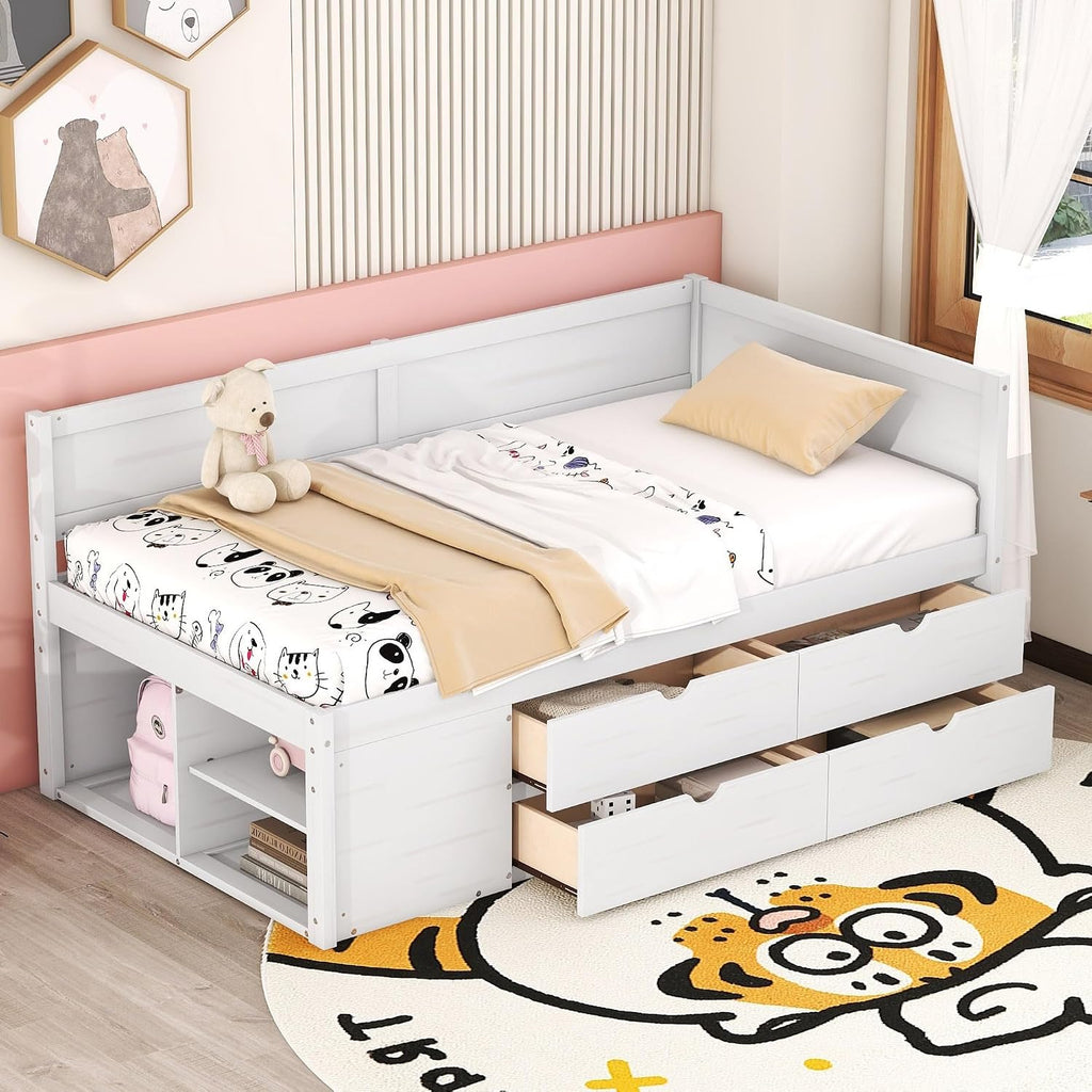 Twin Size Daybed with 4 Pull-Out Drawers and 3 Functioning Shelves,Solid Wood Day Bed Frame with Wooden Slats Support for Bedroom,No Box Spring Required (White-AB40)