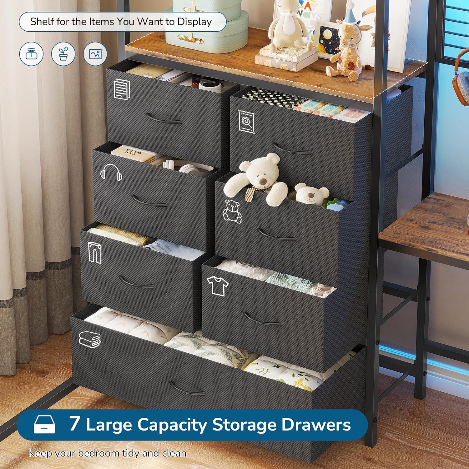 Twin Loft Bed with L-Shaped Desk, 7 Storage Drawers, Metal Loft Bed Twin Size with LED Lights and Charging Station, Storage Shelf and Pegboard, Safety Guardrail and Ladder, No Box Spring Needed, Black