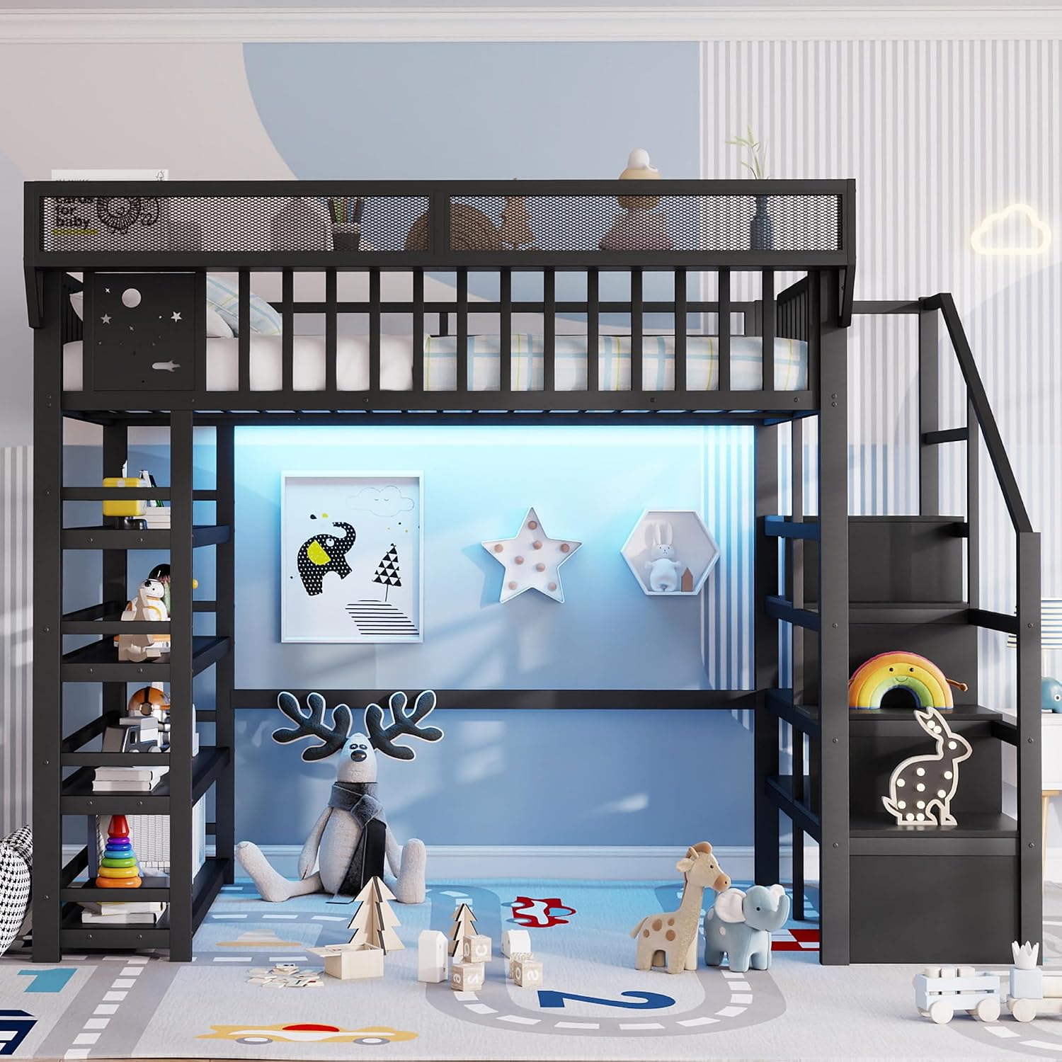 JIVOIT Metal Full Loft Bed with 4 Shelf Storage Rack, Stairs Storage, Open Shelves for Upper, Space-Saving Full Loft Bed with Guardrails and Metal Slats Support for Kids Teens (Black/1)