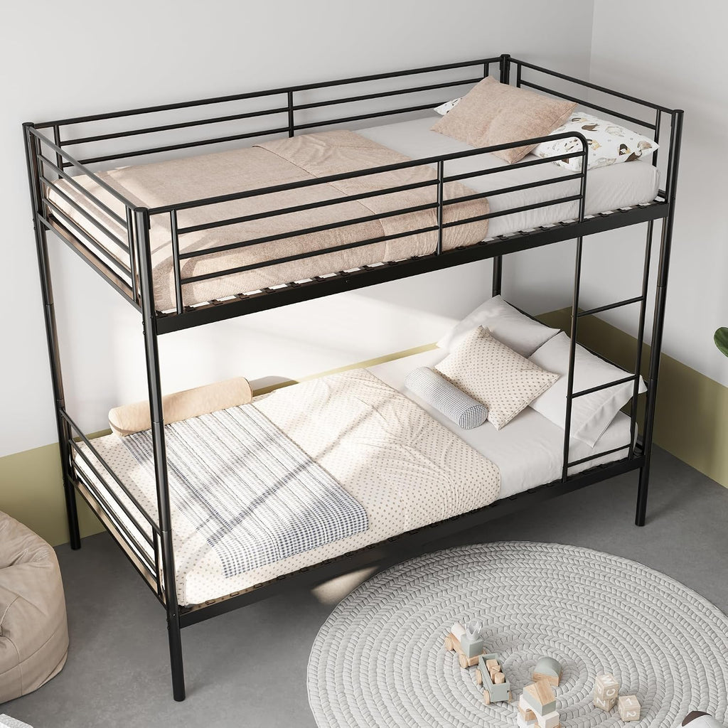 GOWE Bunk Bed with Ladder and high Guardrail, Able to Split, Metal Bunk Bed, Storage Space, Noise Free,Twin Over Twin Size,Black
